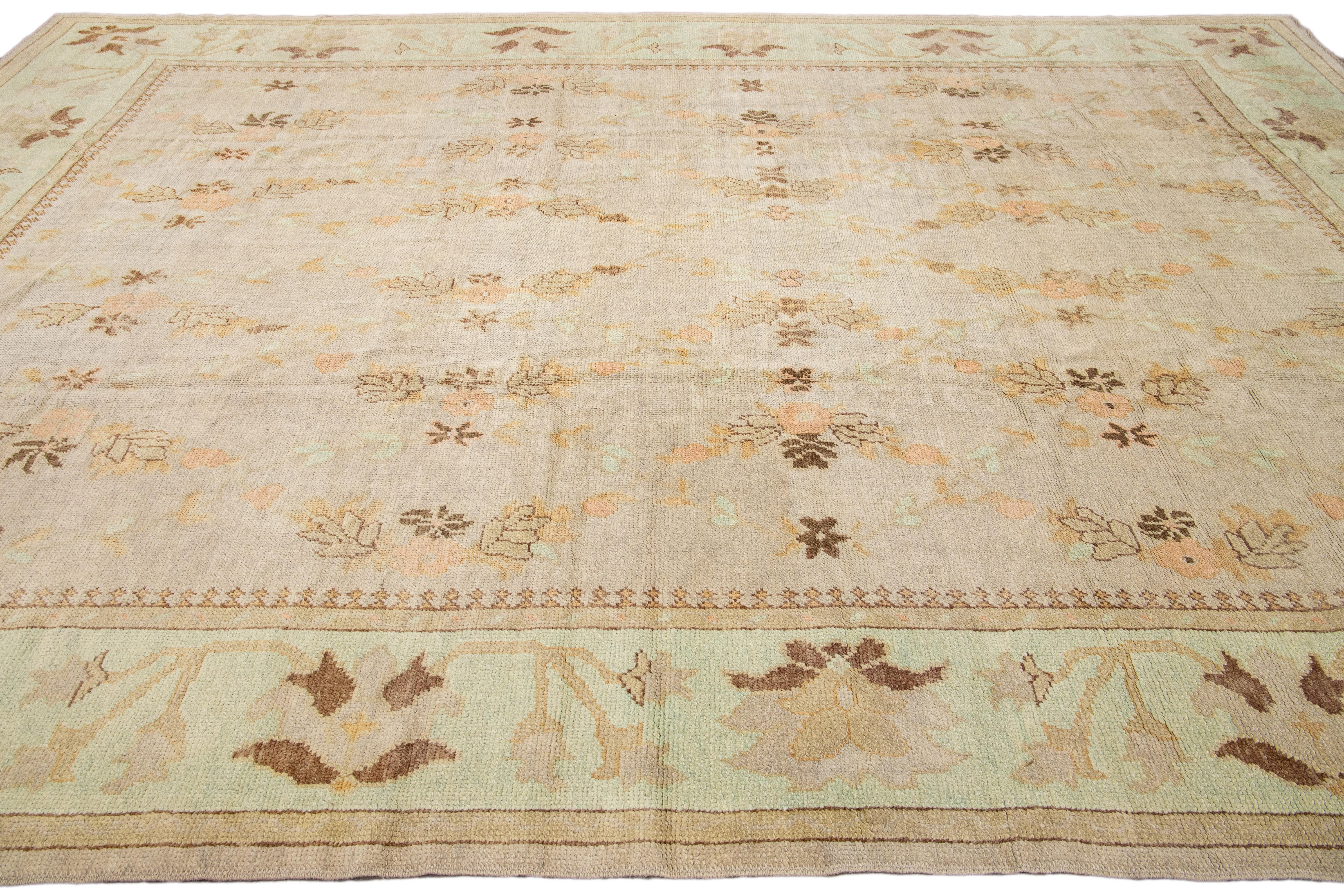 Contemporary Modern Turkish Oushak Handmade Floral Motif Beige and Green Wool Rug For Sale