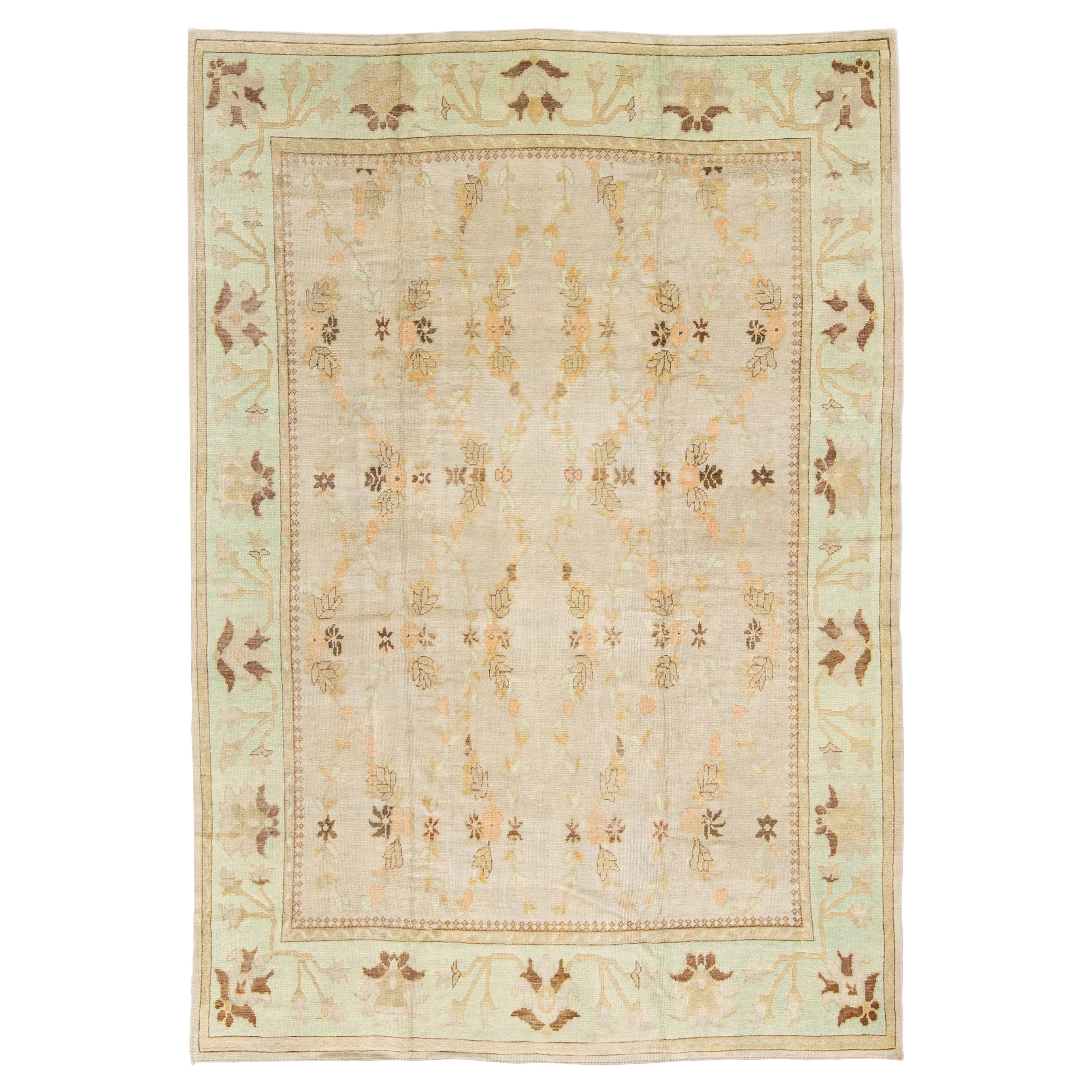 Moderner türkischer Oushak-Wollteppich mit Blumenmotiv, handgefertigt, Beige und Grün