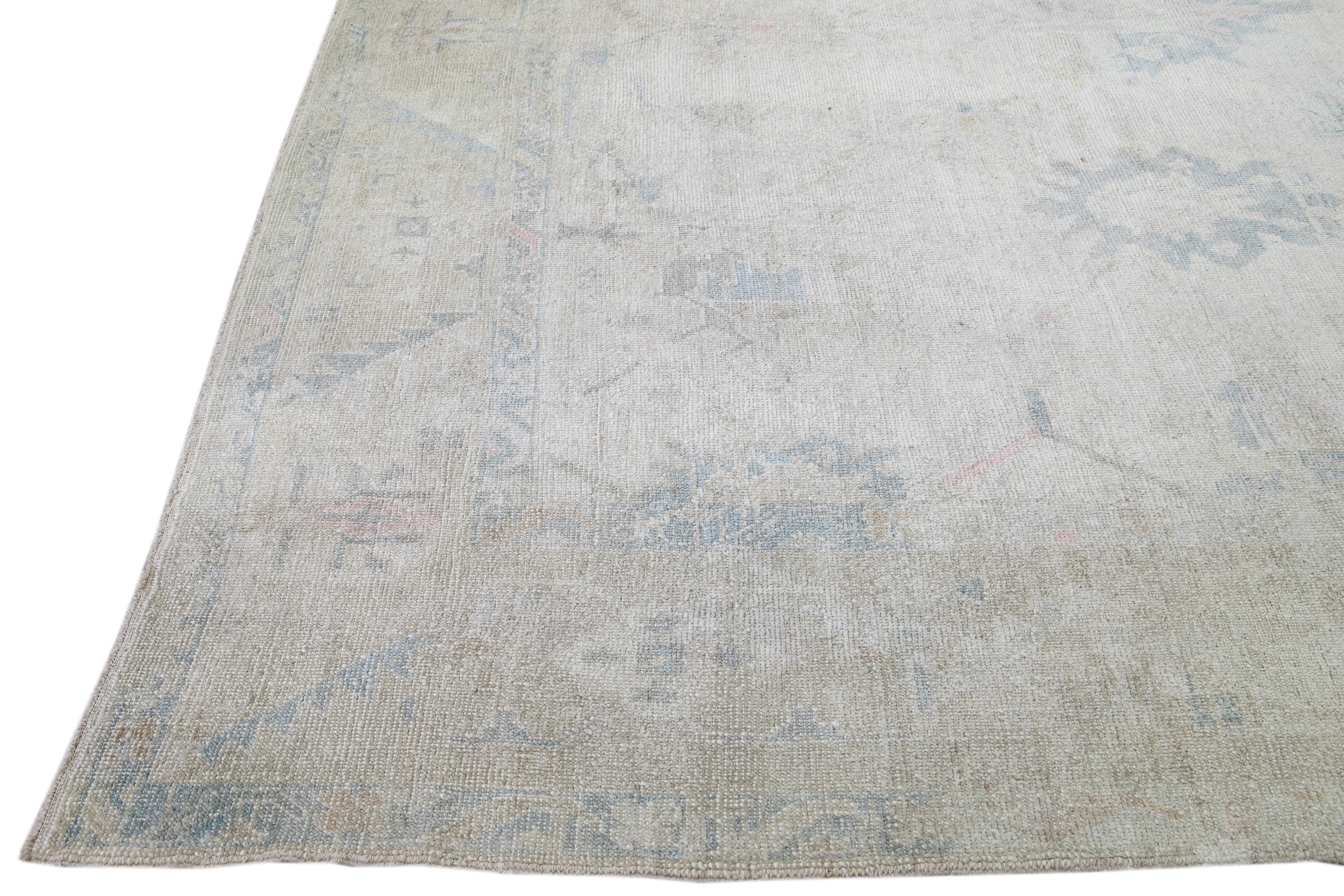 Hand-Knotted Modern Turkish Oushak Handmade Floral Motif Gray Oversize Wool Rug For Sale