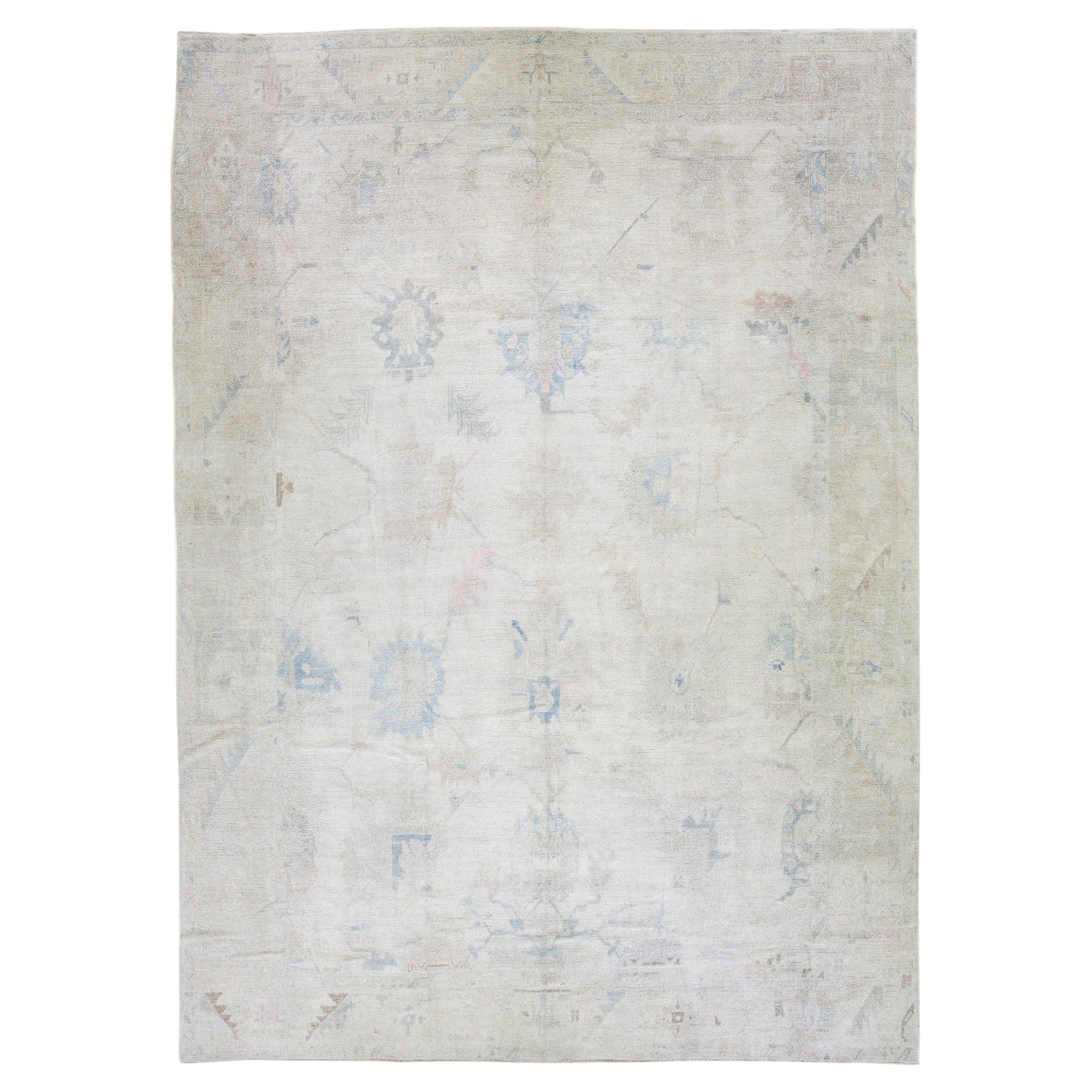 Tappeto moderno in lana oversize grigio con motivo floreale fatto a mano Oushak