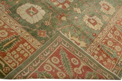 Moderner moderner türkischer Oushak handgefertigter Wollteppich mit Blumenmotiv aus grüner Wolle