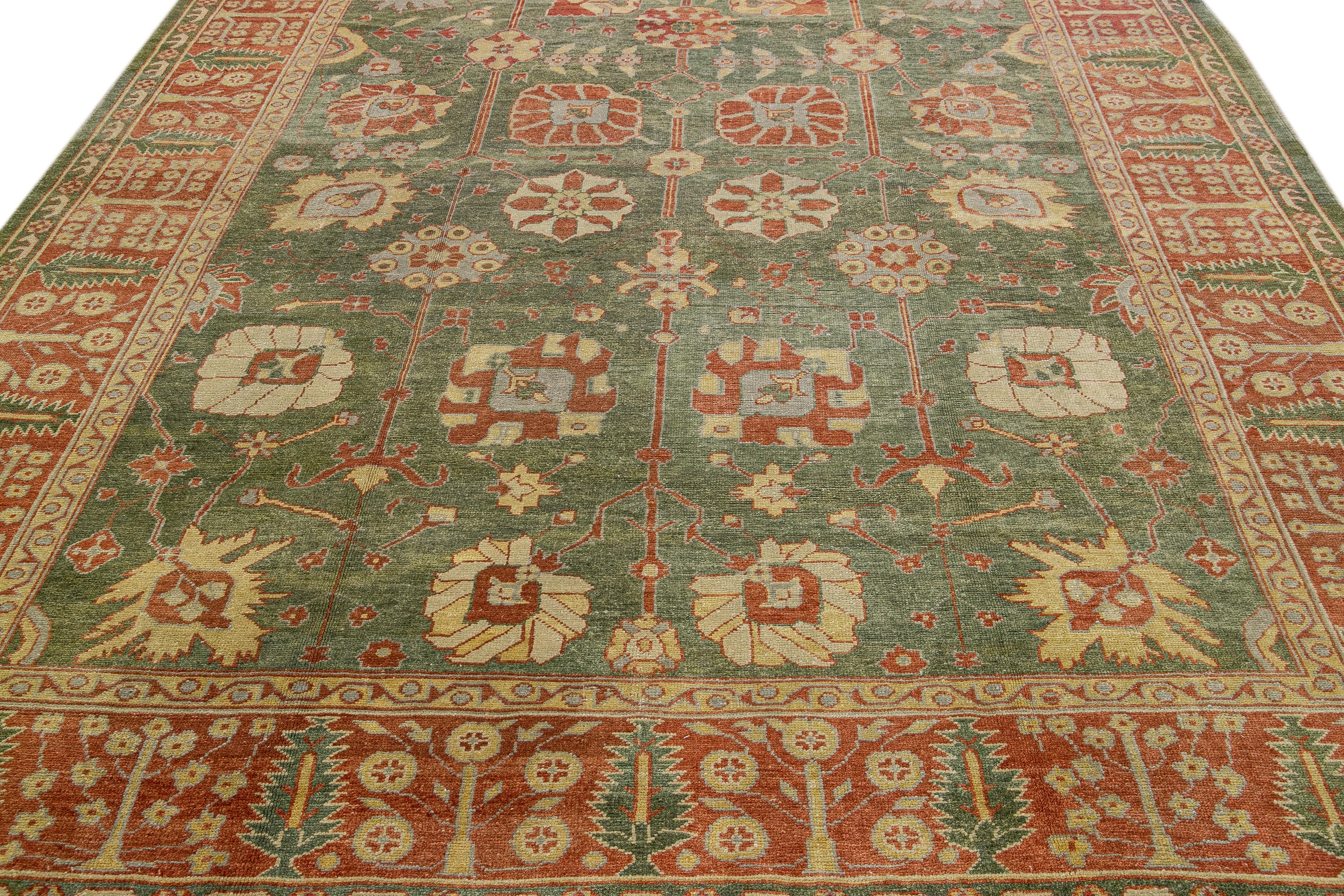 Hand-Knotted Modern Turkish Oushak Handmade Floral Motif Green Wool Rug For Sale