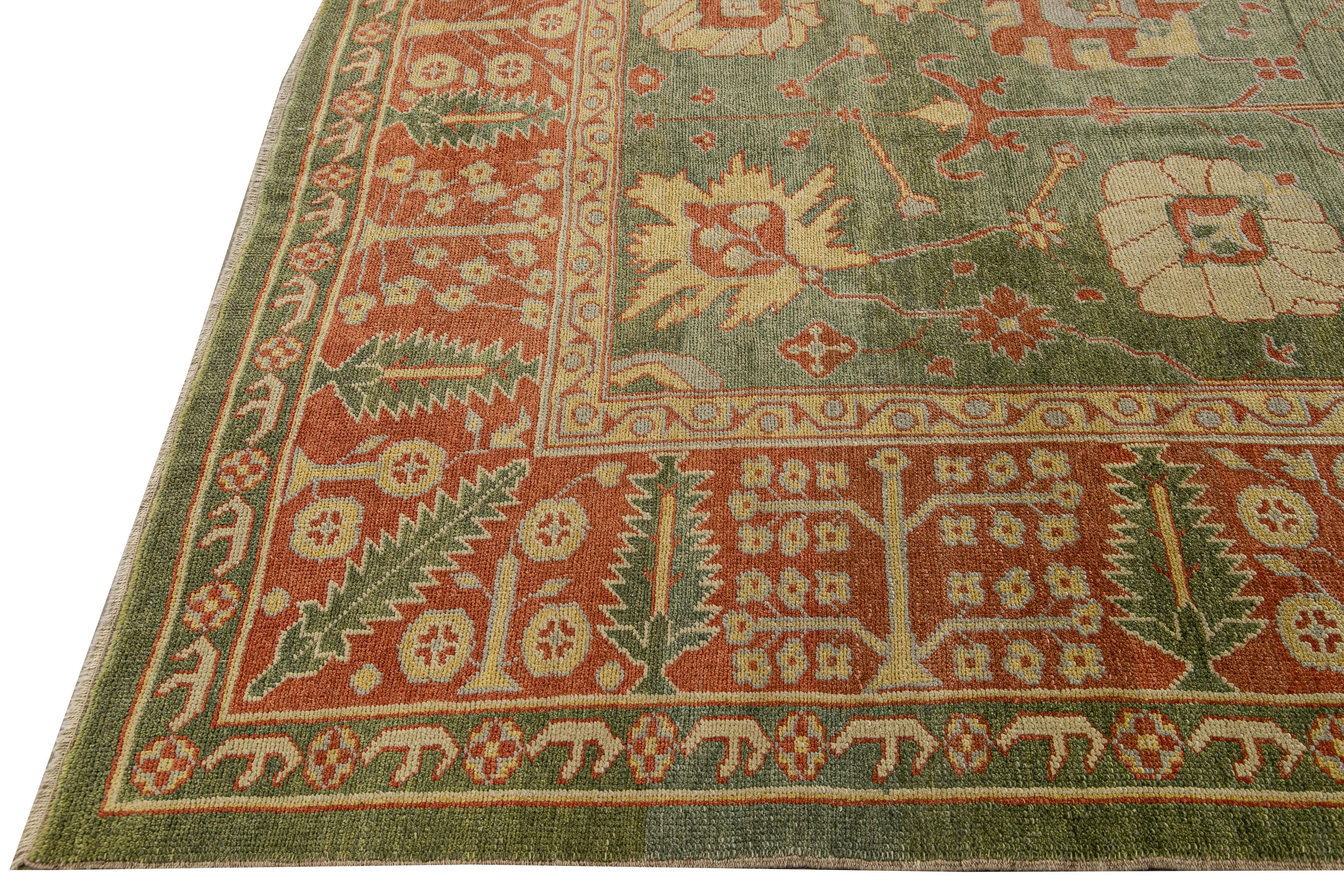 Modern Turkish Oushak Handmade Floral Motif Green Wool Rug In New Condition For Sale In Norwalk, CT