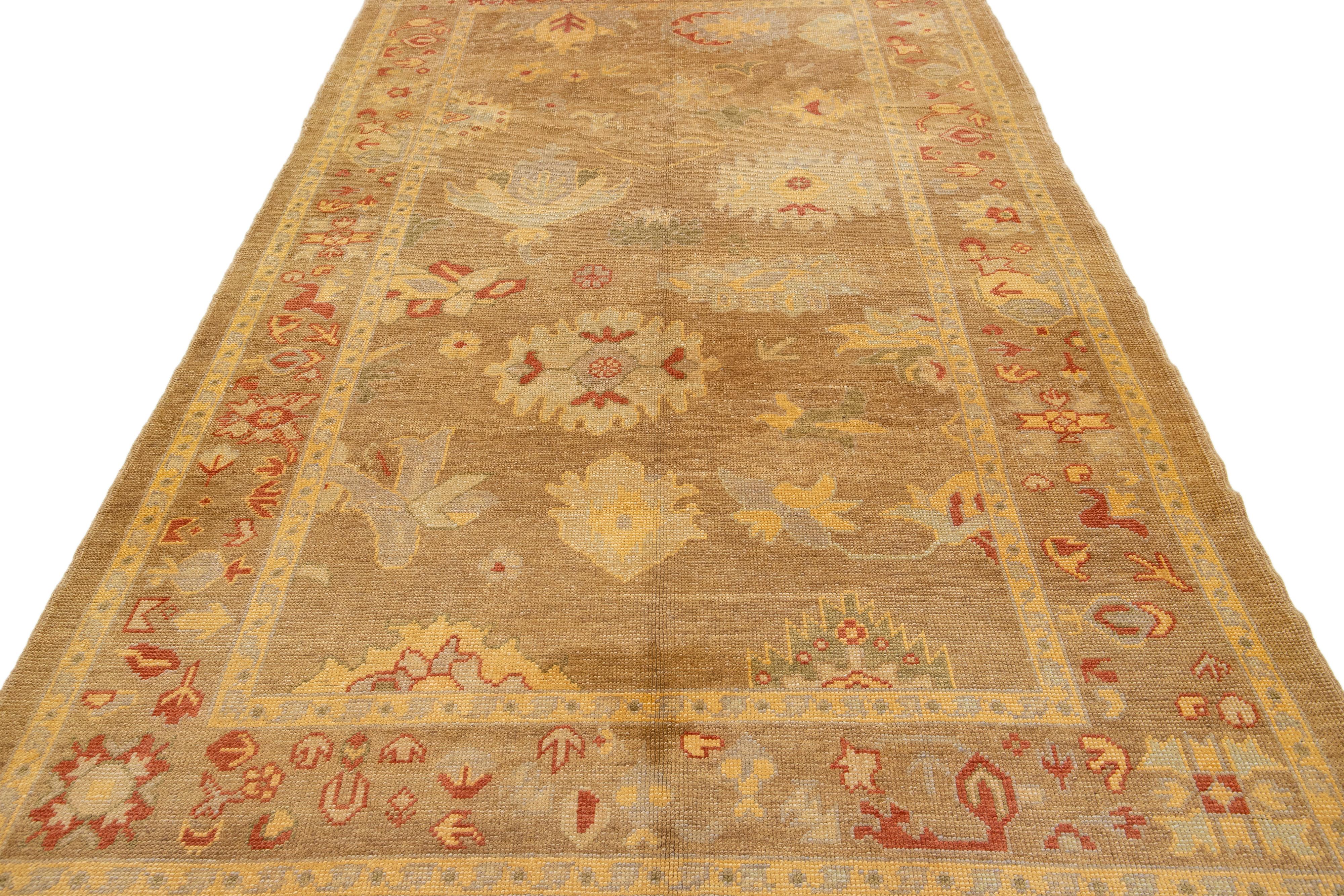Hand-Knotted Modern Turkish Oushak Handmade Floral Motif Tan Wool Rug For Sale