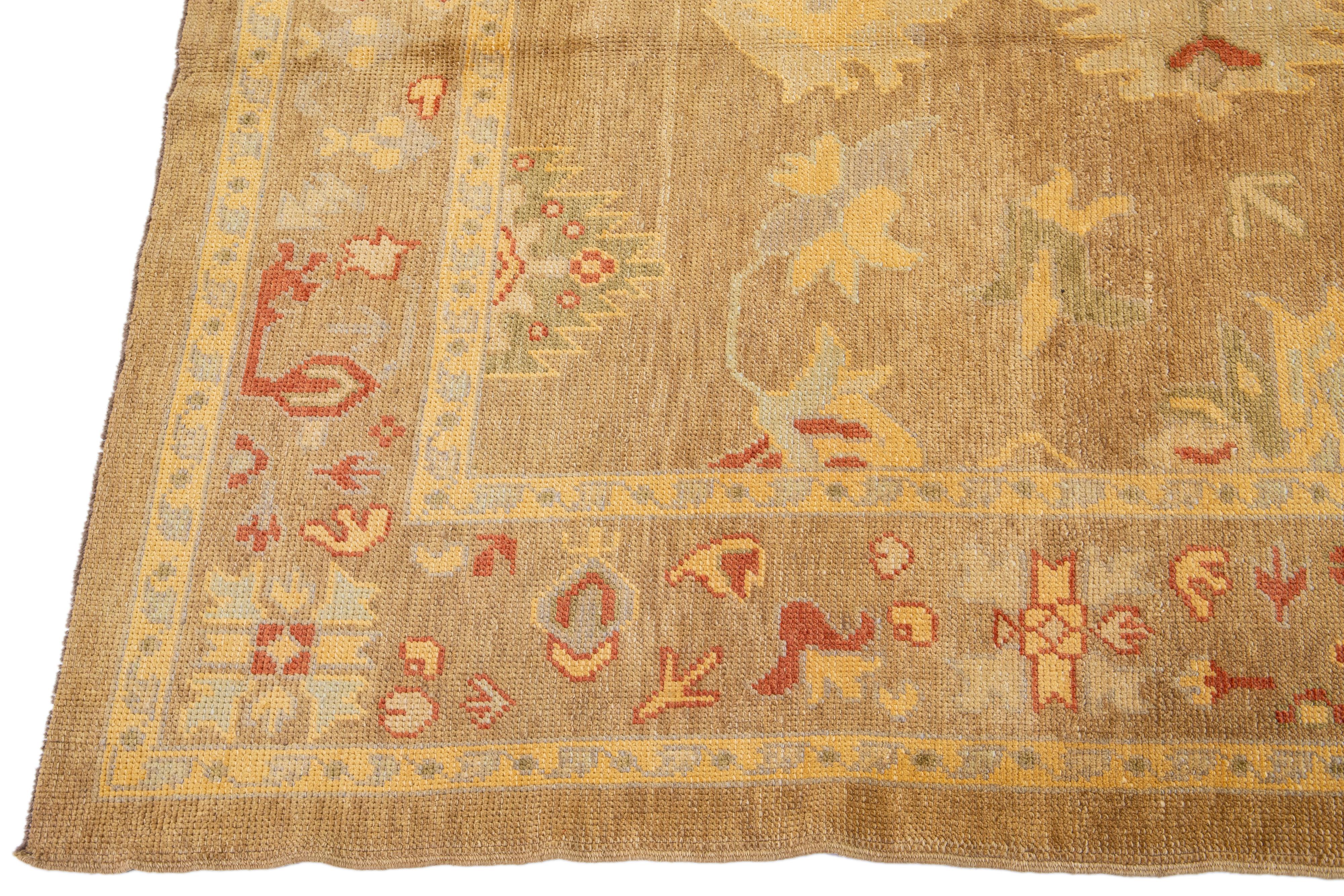 Contemporary Modern Turkish Oushak Handmade Floral Motif Tan Wool Rug For Sale