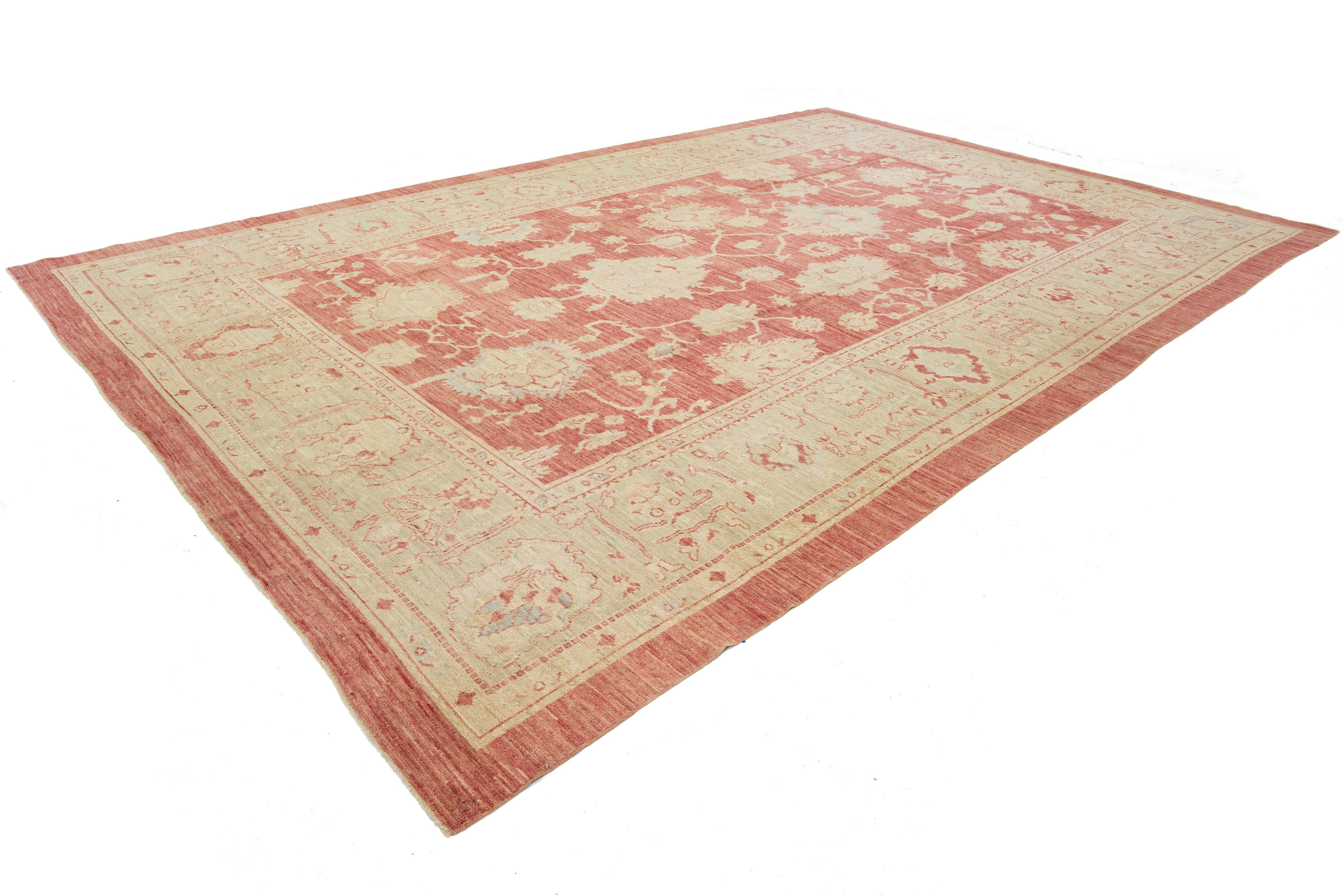 Hand-Knotted Modern Turkish Oushak Handmade Floral Pattern Rust Wool Rug For Sale