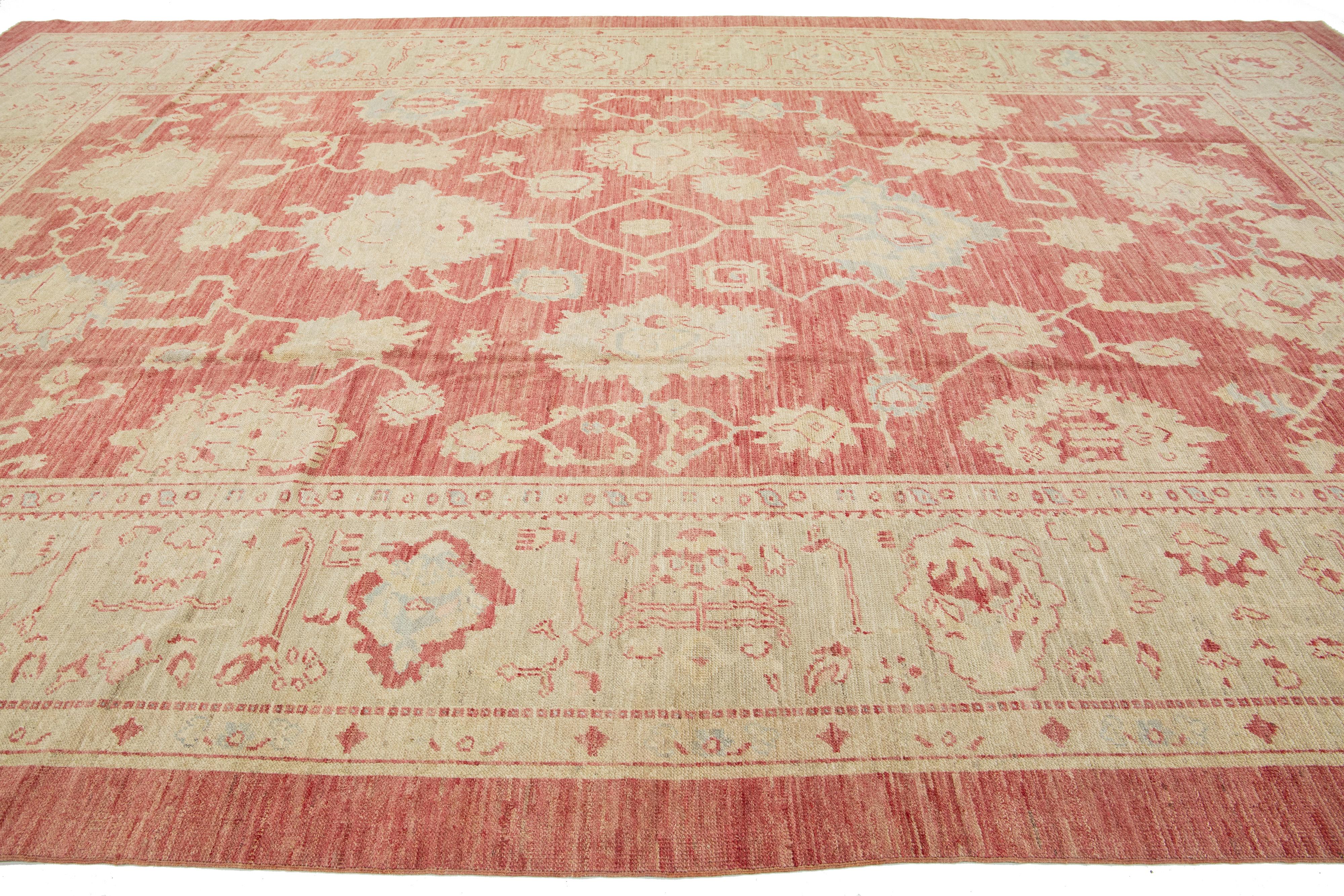 Contemporary Modern Turkish Oushak Handmade Floral Pattern Rust Wool Rug For Sale