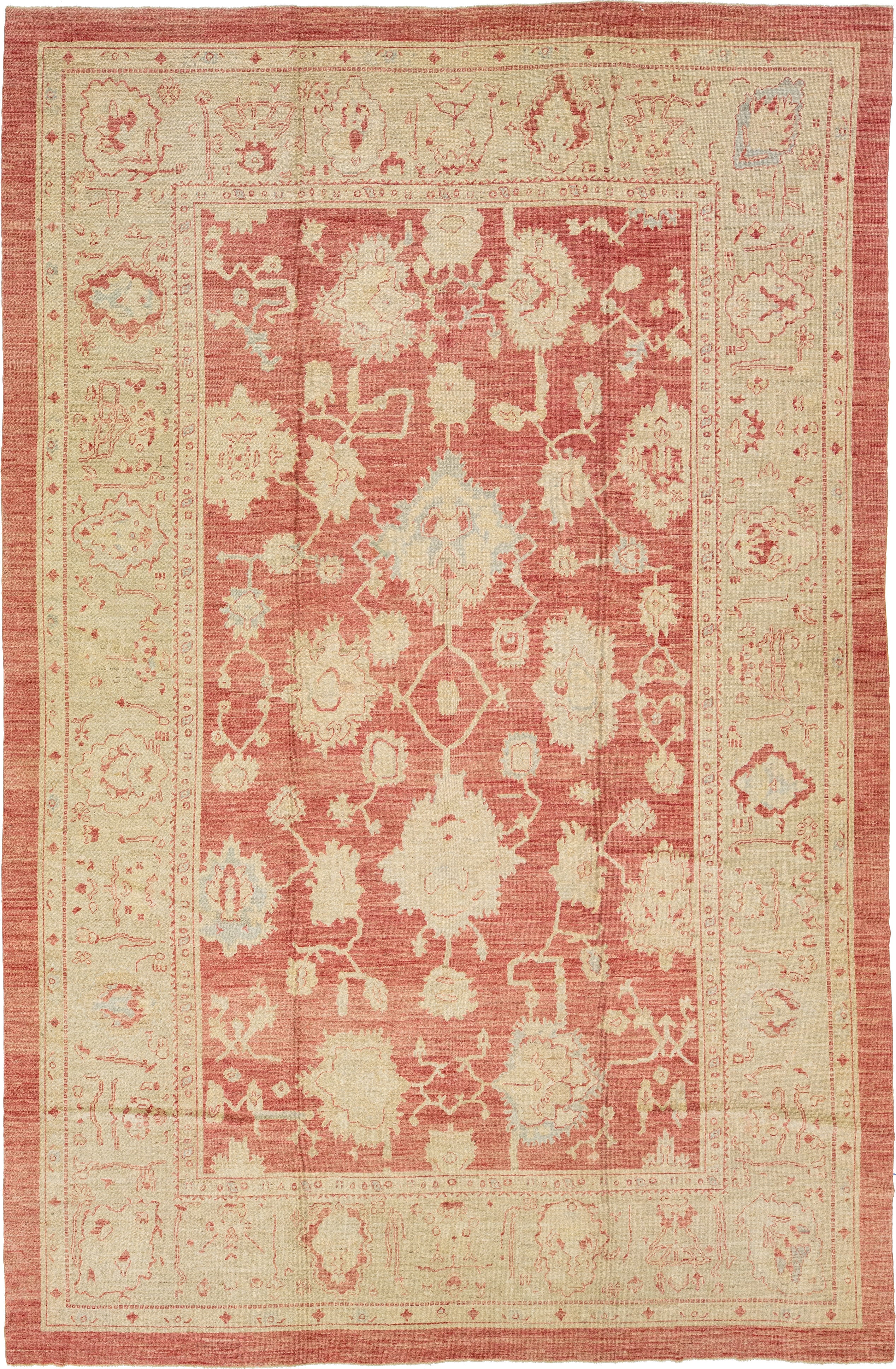 Modern Turkish Oushak Handmade Floral Pattern Rust Wool Rug For Sale