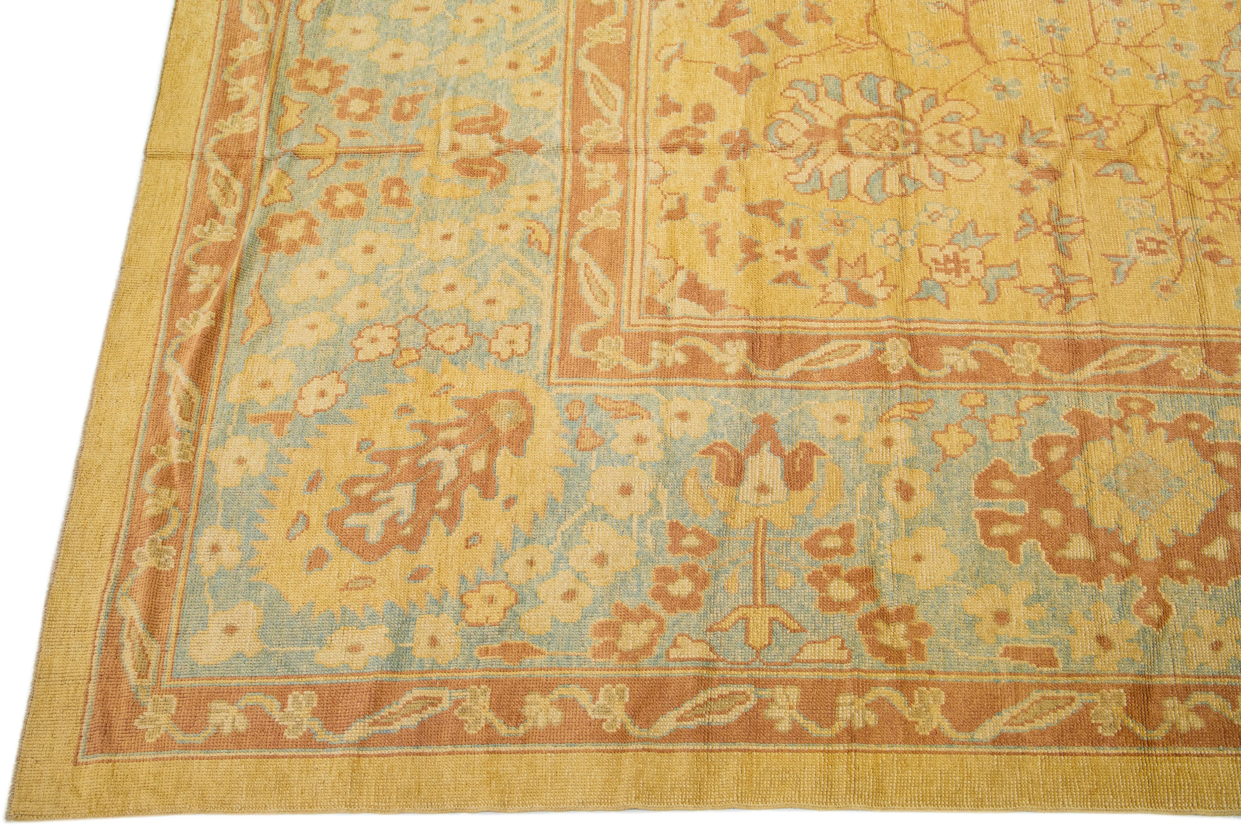 Hand-Knotted Modern Turkish Oushak Handmade Floral Wool Rug with Goldenrod Color Field For Sale