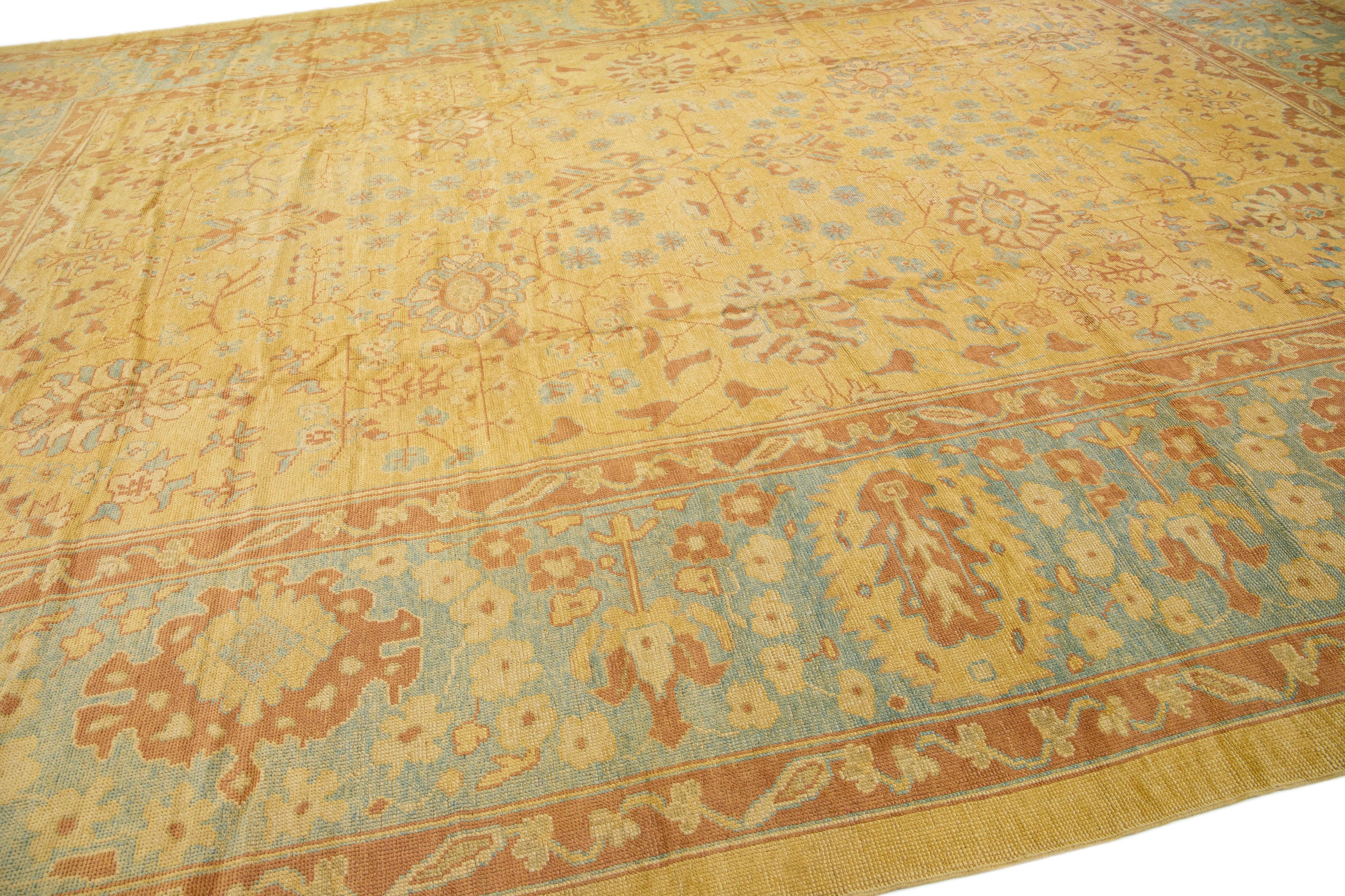 Modern Turkish Oushak Handmade Floral Wool Rug with Goldenrod Color Field In Good Condition For Sale In Norwalk, CT