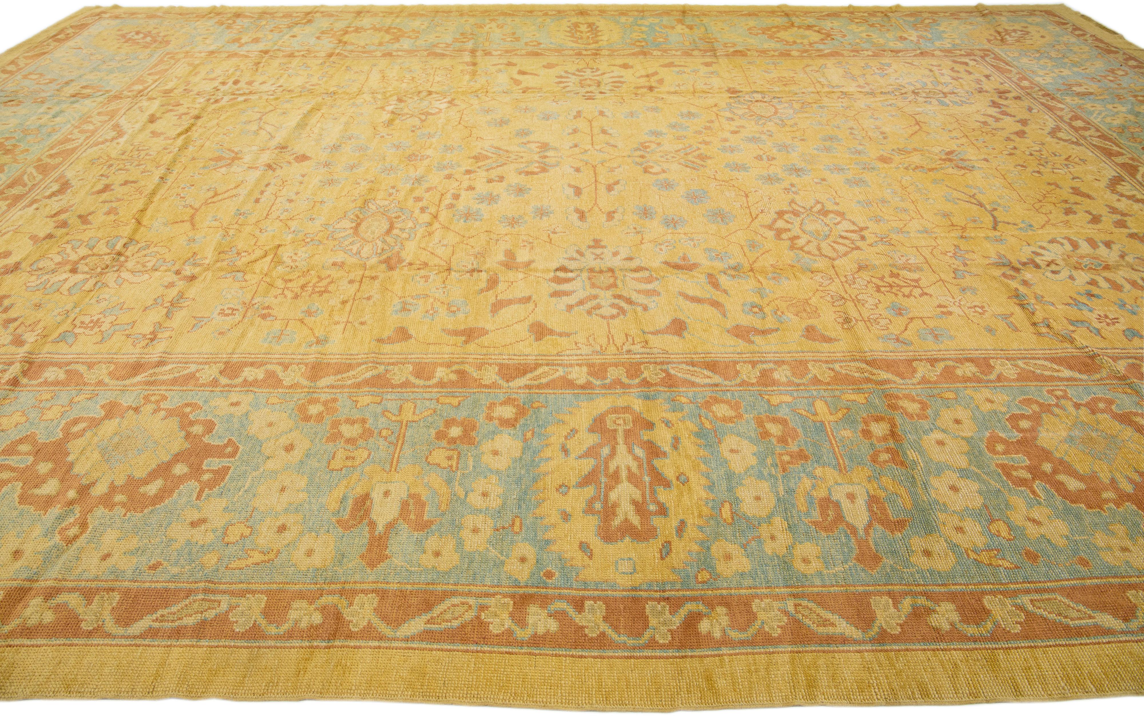 Contemporary Modern Turkish Oushak Handmade Floral Wool Rug with Goldenrod Color Field For Sale