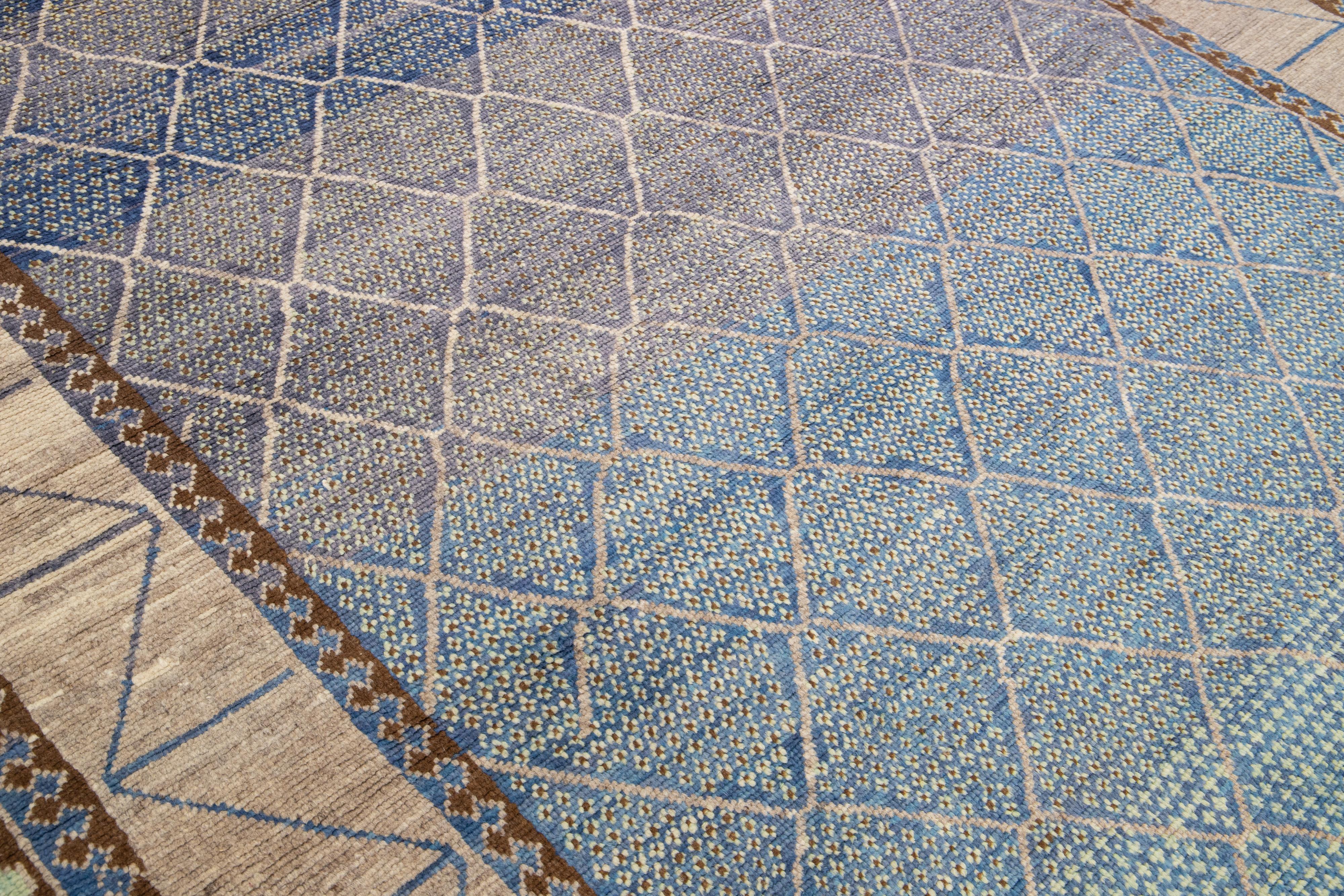 Modern Turkish Oushak Handmade Geometric Designed Blue Wool Rug For Sale 5