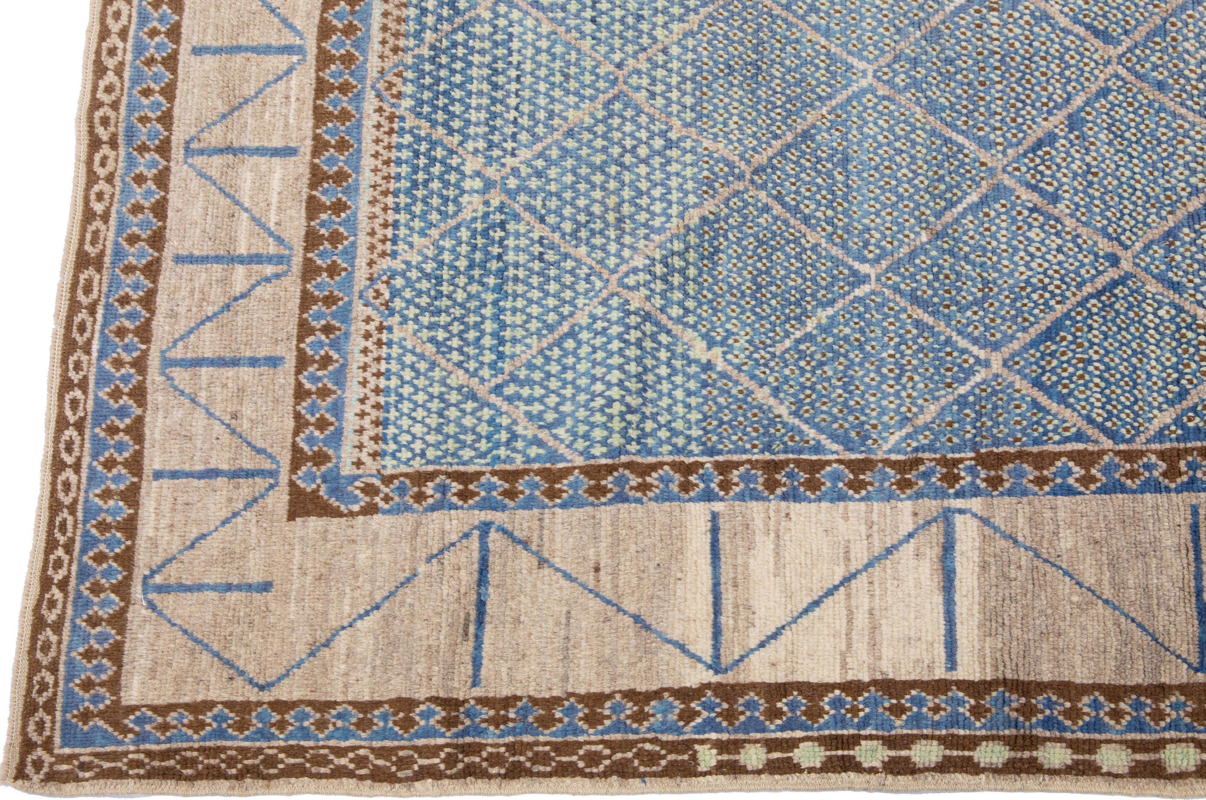 Modern Turkish Oushak Handmade Geometric Designed Blue Wool Rug In New Condition For Sale In Norwalk, CT