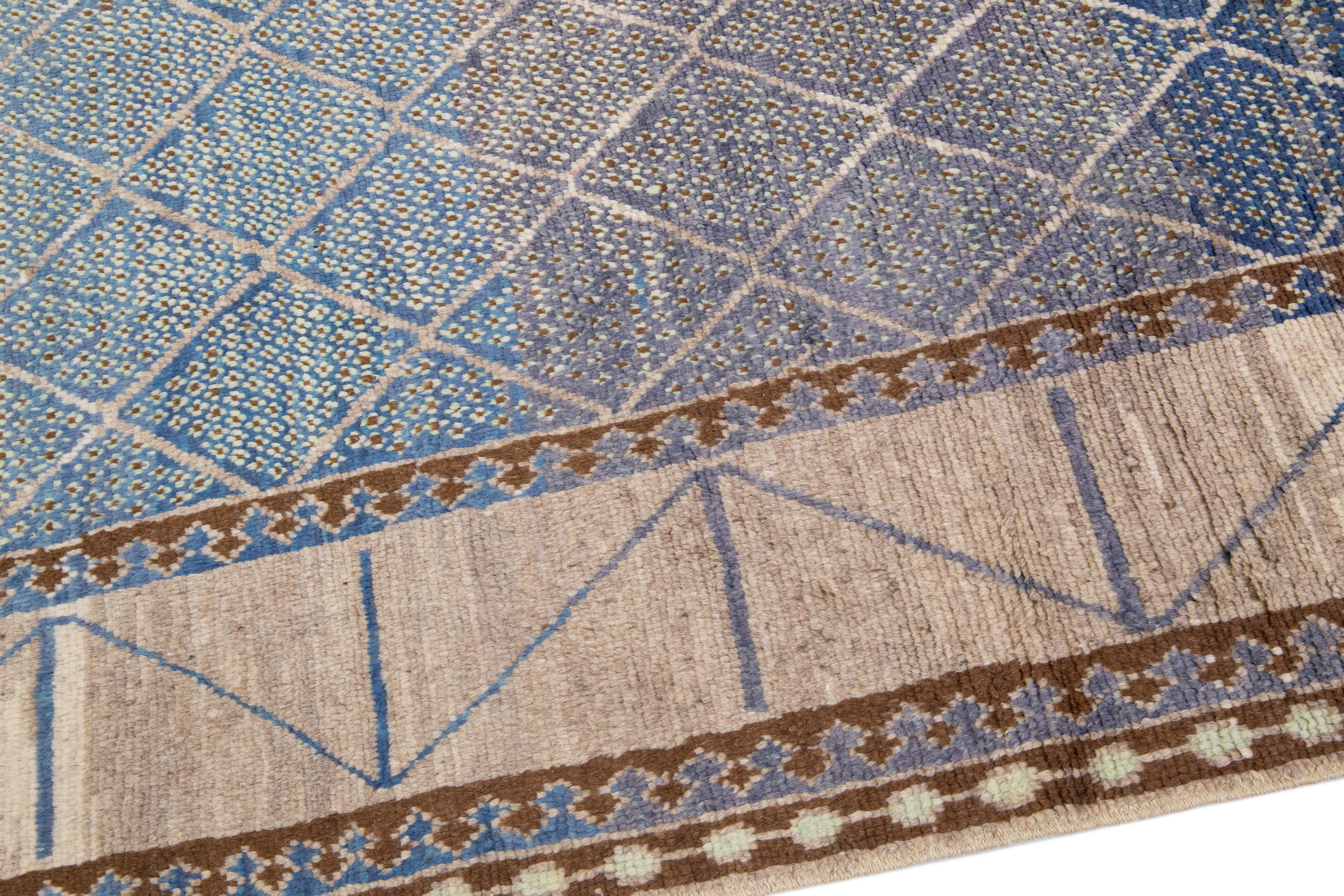 Modern Turkish Oushak Handmade Geometric Designed Blue Wool Rug For Sale 1