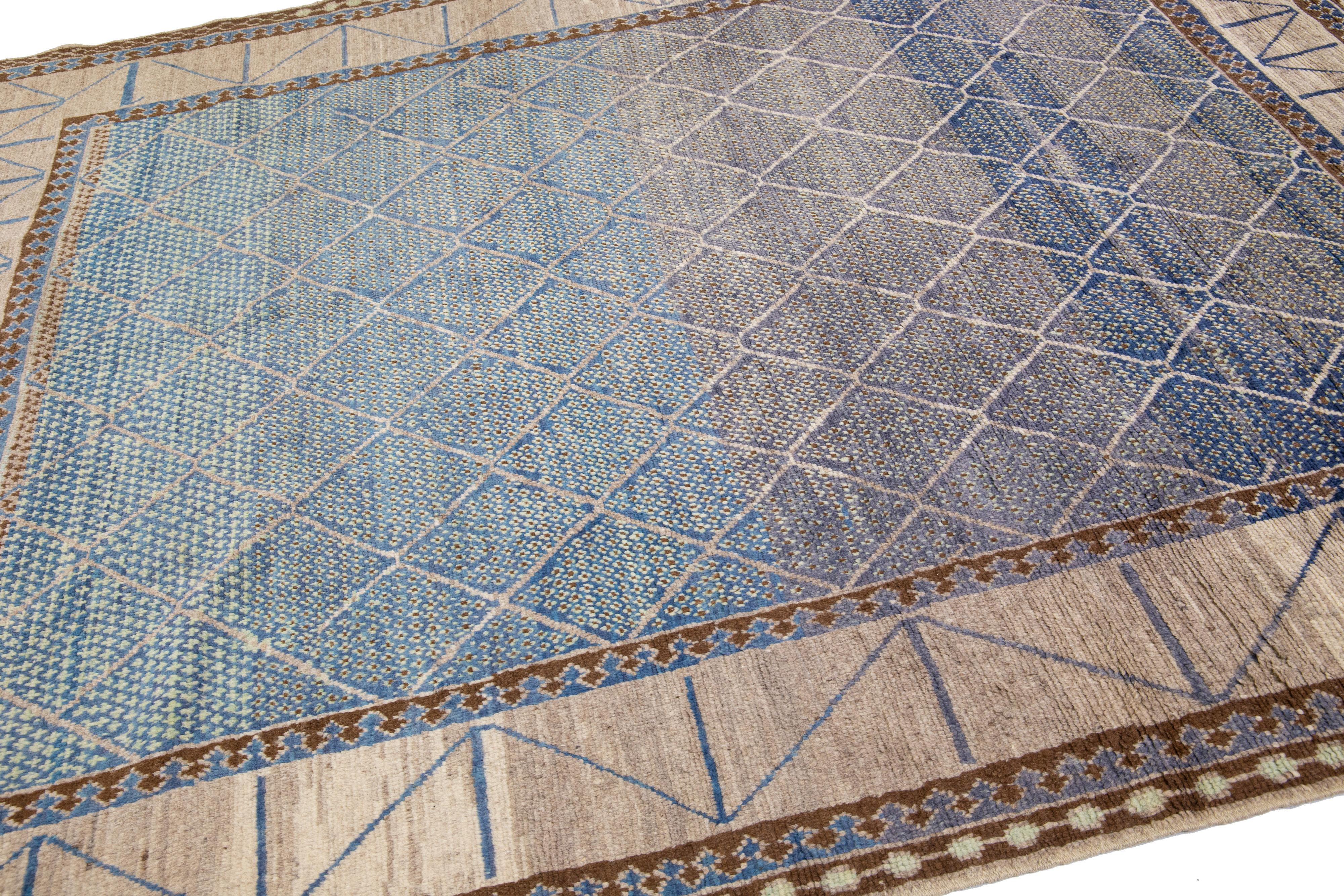 Modern Turkish Oushak Handmade Geometric Designed Blue Wool Rug For Sale 3