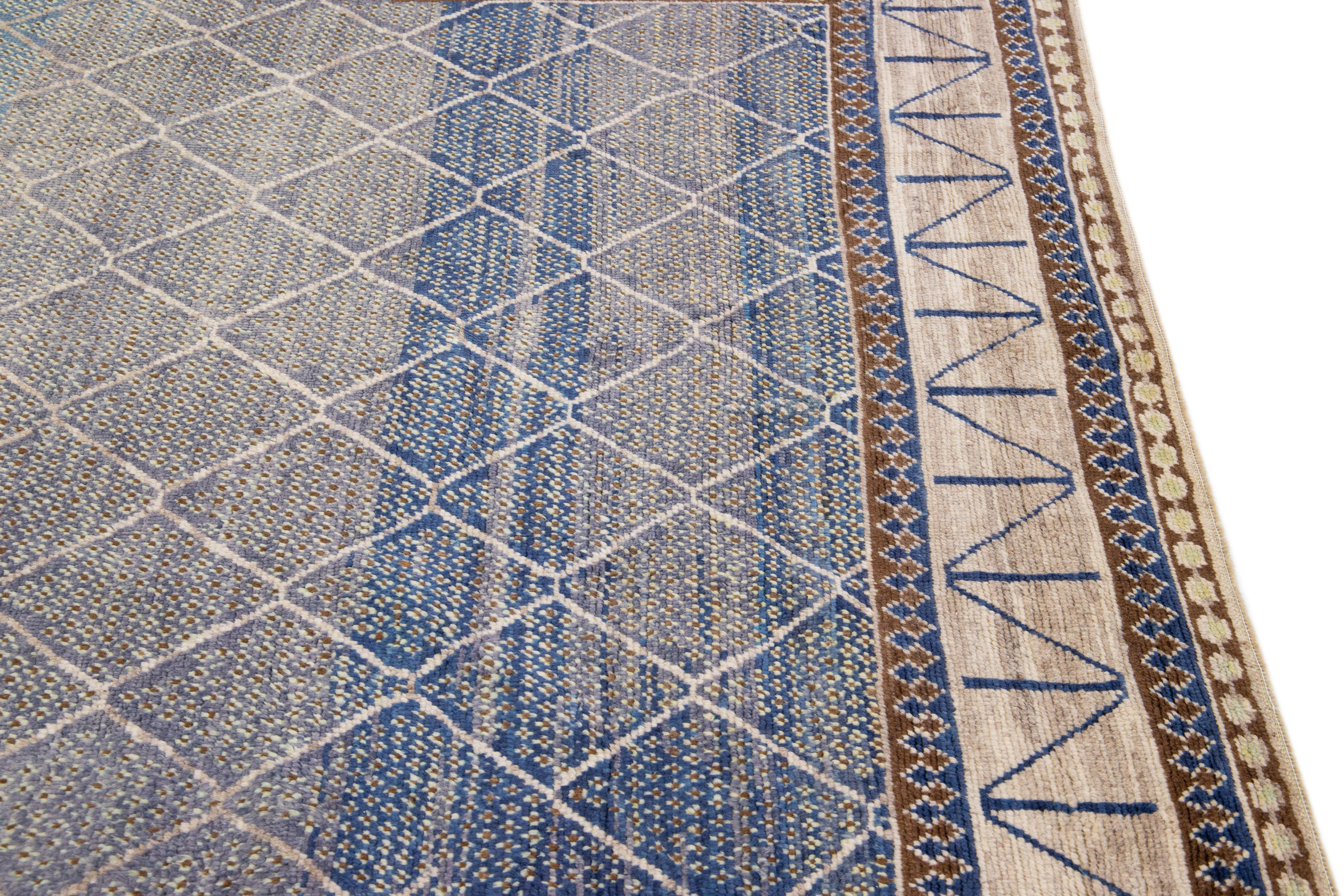Modern Turkish Oushak Handmade Geometric Designed Blue Wool Rug For Sale 4