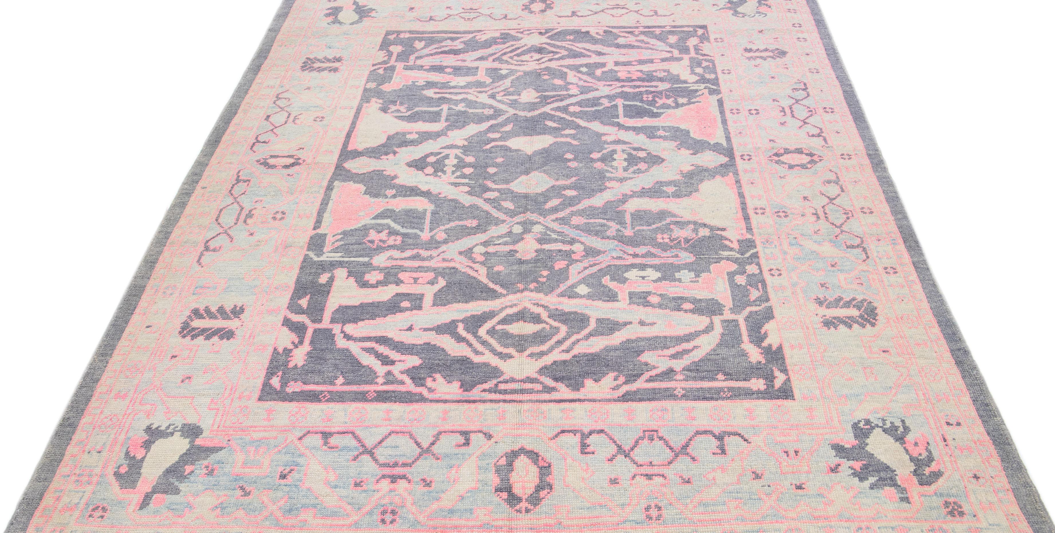 Hand-Knotted Modern Turkish Oushak Handmade Gray & Pink Wool Rug With Floral Design For Sale