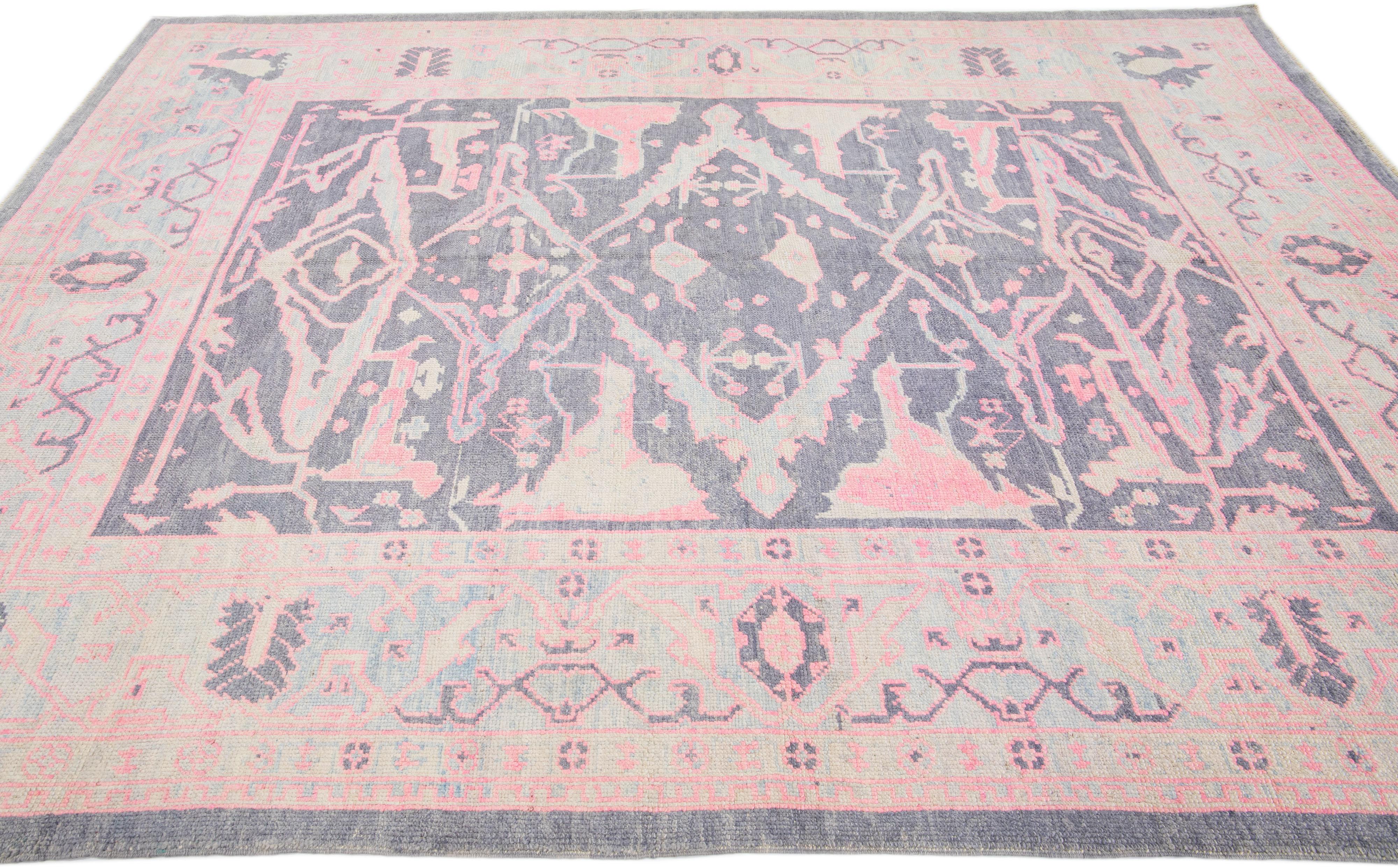Modern Turkish Oushak Handmade Gray & Pink Wool Rug With Floral Design For Sale 1