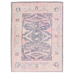 Tappeto moderno turco Oushak fatto a mano in lana grigia e rosa con disegno floreale