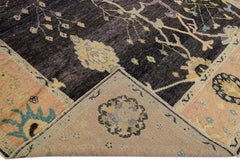 Alfombra Turca Moderna Oushak Hecha a Mano Motivo Floral Multicolor Lana Negra