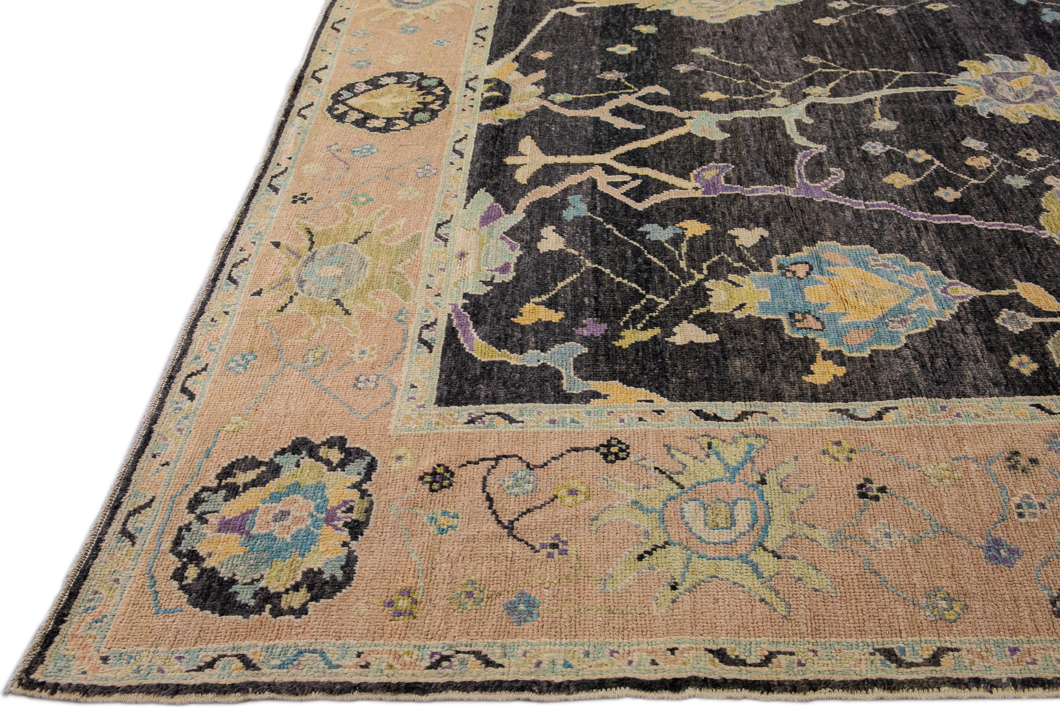 Modern Turkish Oushak Handmade Multicolor Floral Motif Black Wool Rug In New Condition For Sale In Norwalk, CT