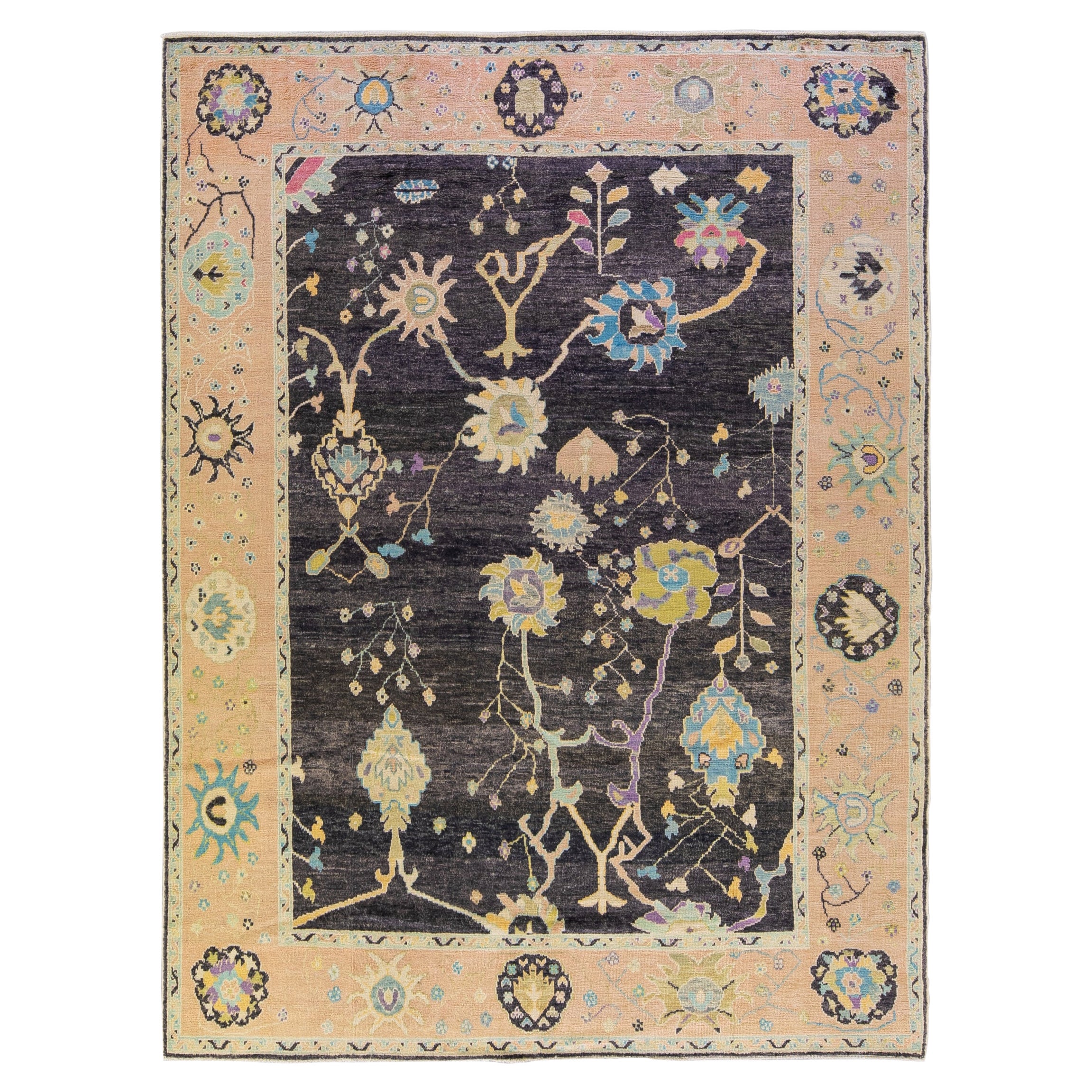 Tapis moderne turc Oushak fait à la main en laine noire à motifs floraux multicolores en vente