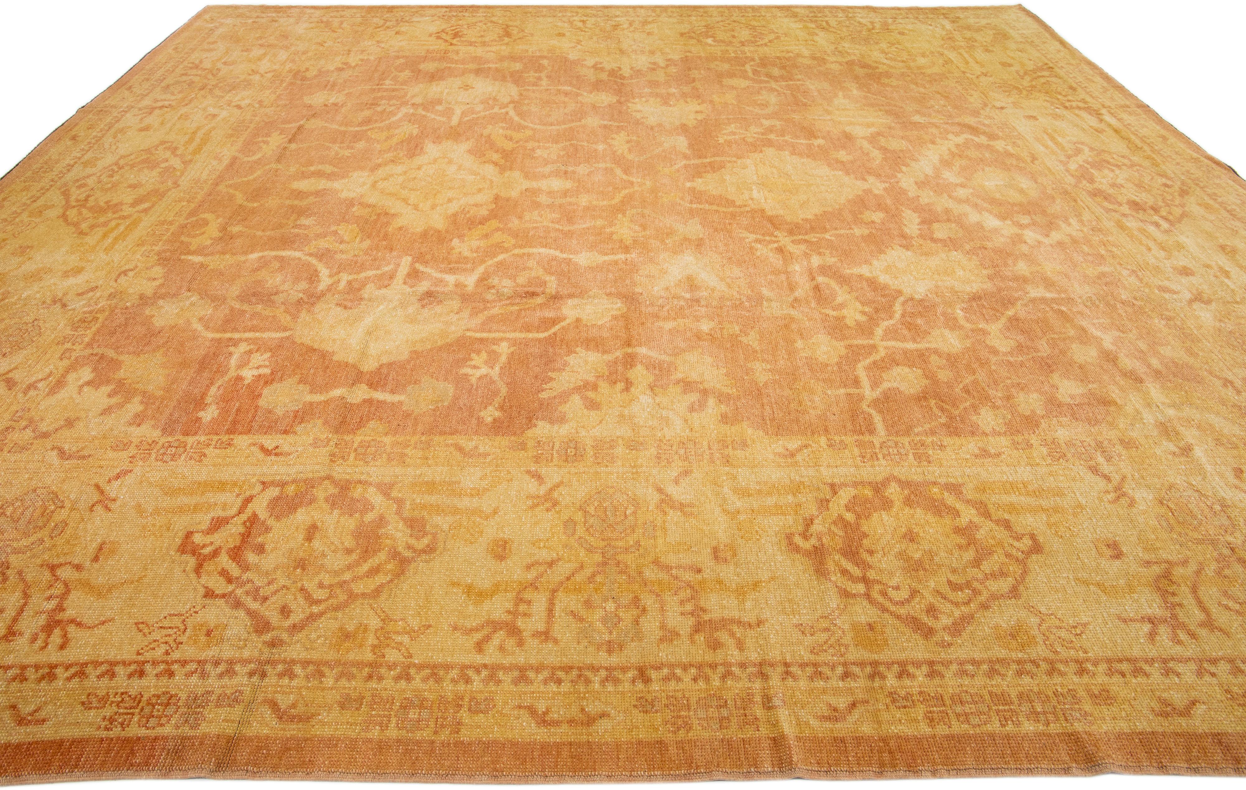Contemporary Modern Turkish Oushak Handmade Square Wool Rug with Orange-Rust Field For Sale
