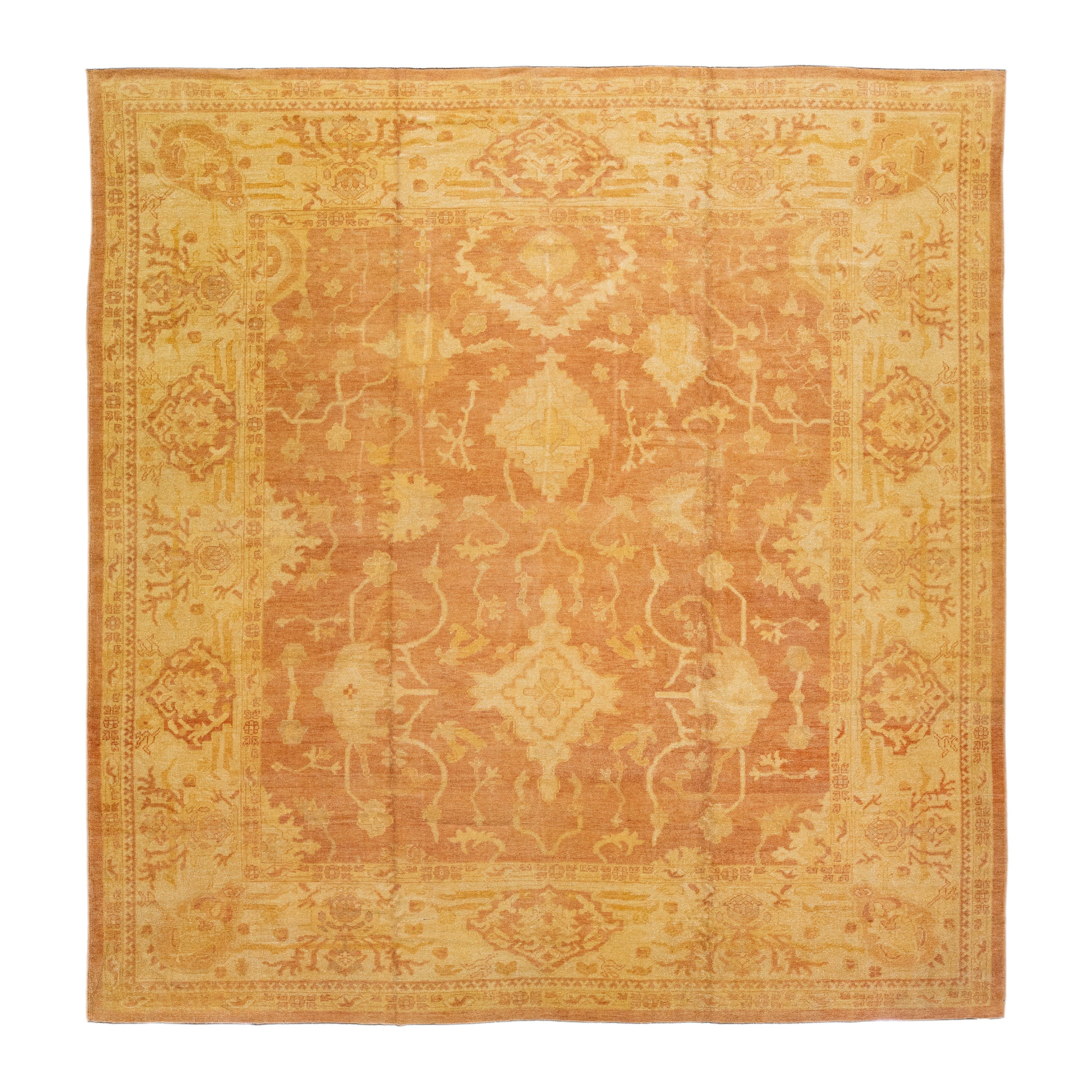 Modern Turkish Oushak Handmade Square Wool Rug with Orange-Rust Field For Sale