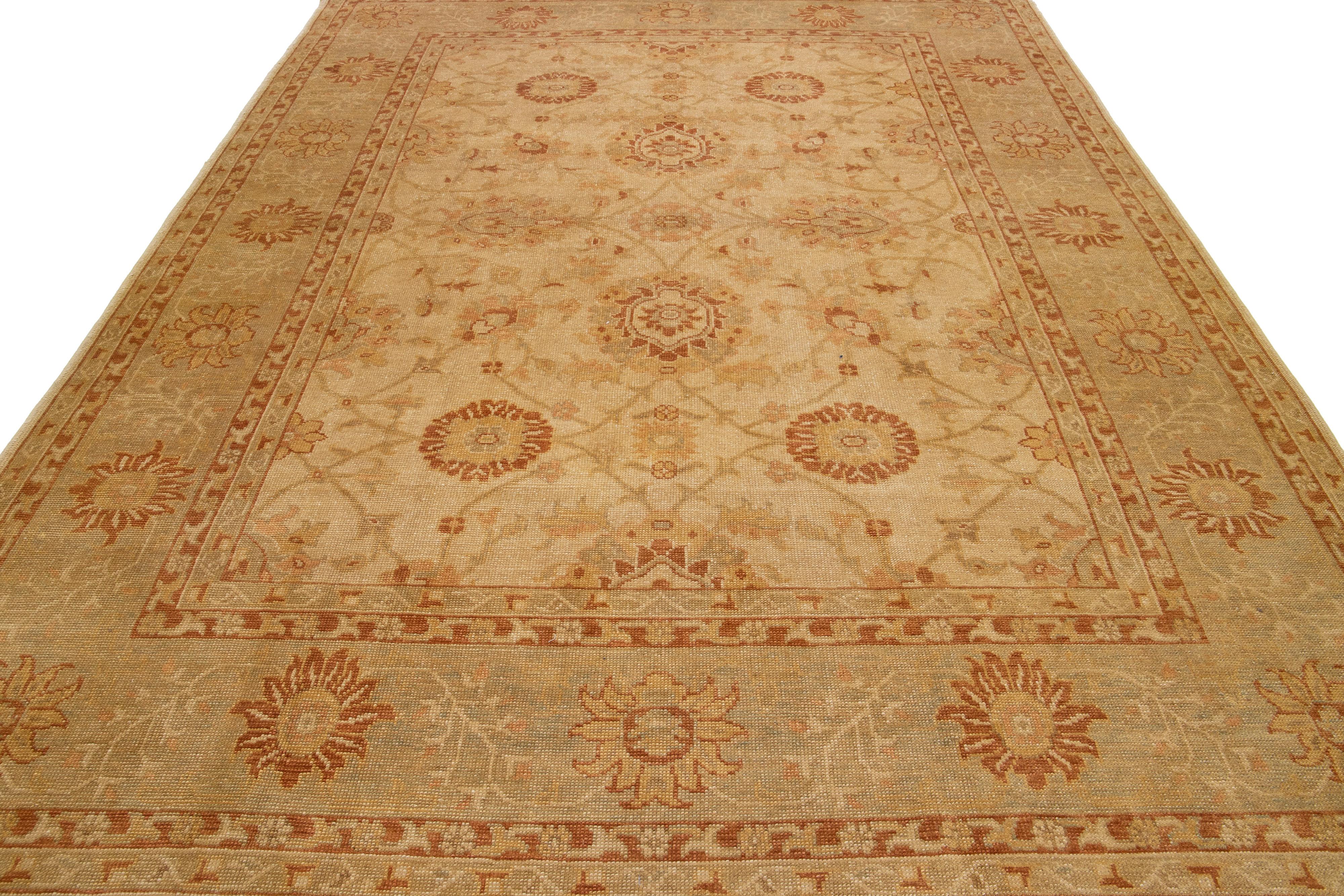 Hand-Knotted Modern Turkish Oushak Handmade Tan Floral Wool Rug For Sale