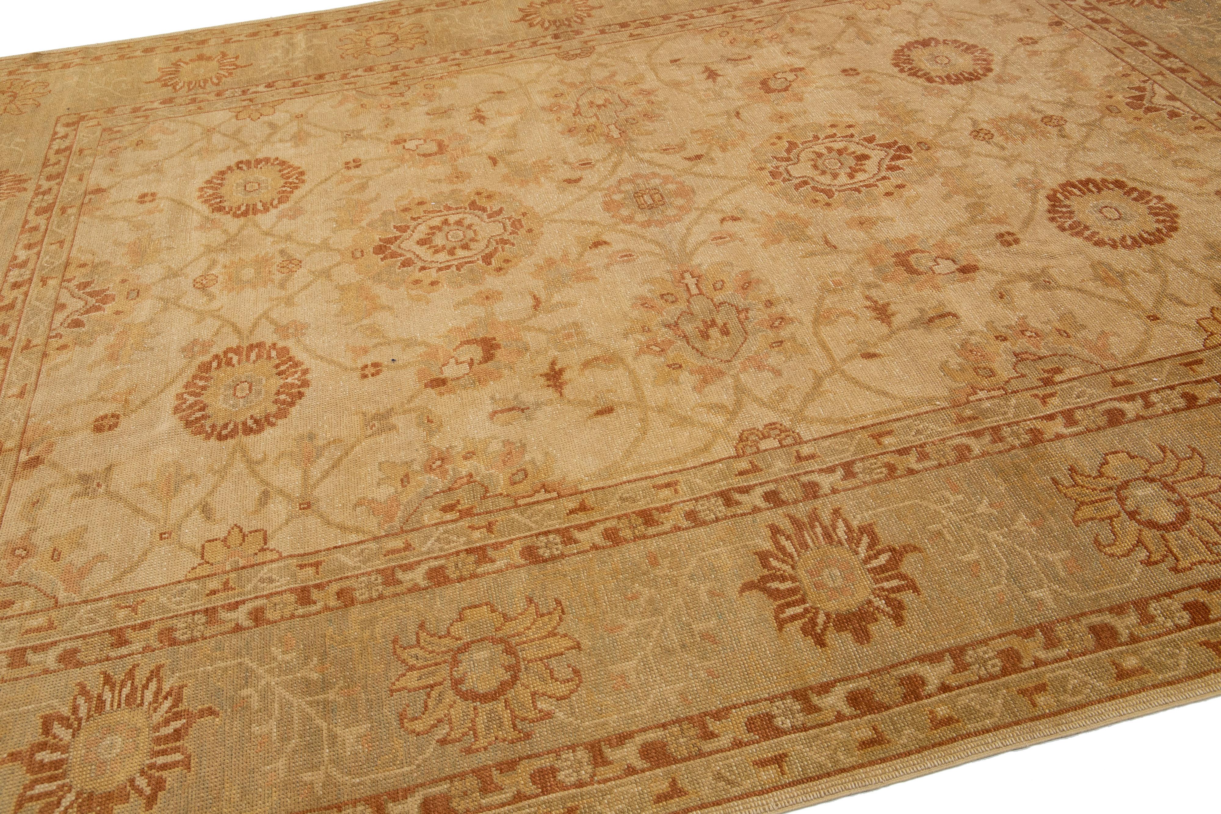 Contemporary Modern Turkish Oushak Handmade Tan Floral Wool Rug For Sale