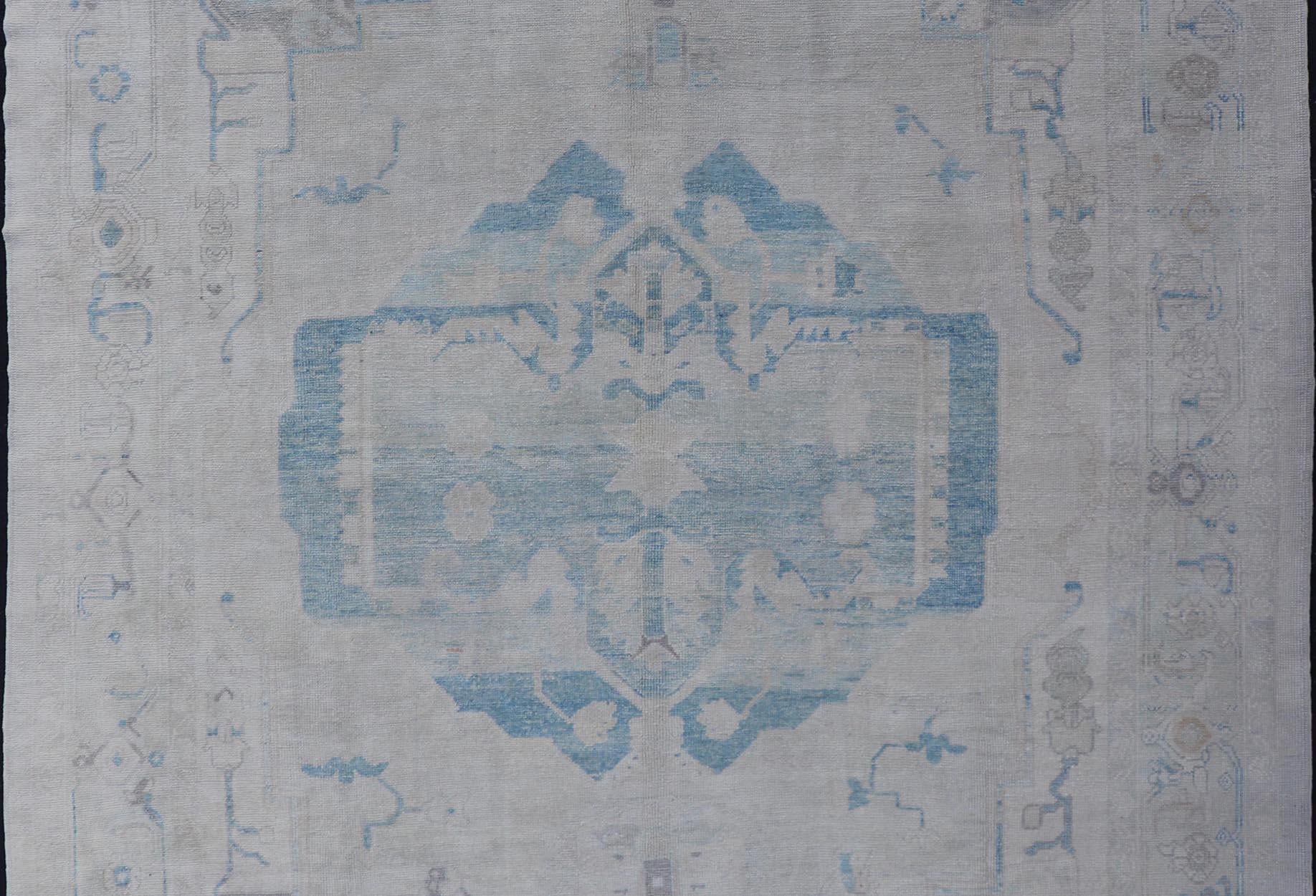 Modern Turkish Oushak Large Medallion Rug in Light Blue and Cream In New Condition For Sale In Atlanta, GA