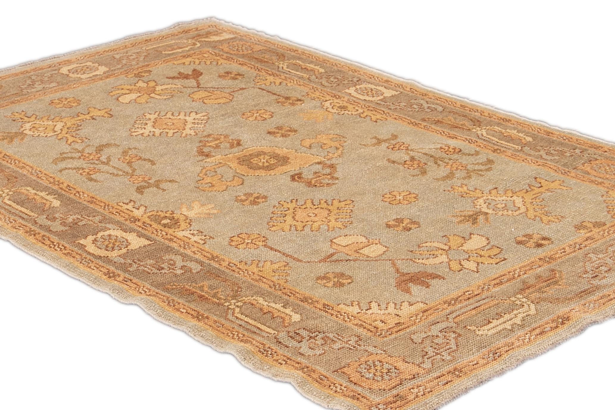 Modern Turkish Oushak Light Blue Handmade Floral Wool Rug In New Condition For Sale In Norwalk, CT