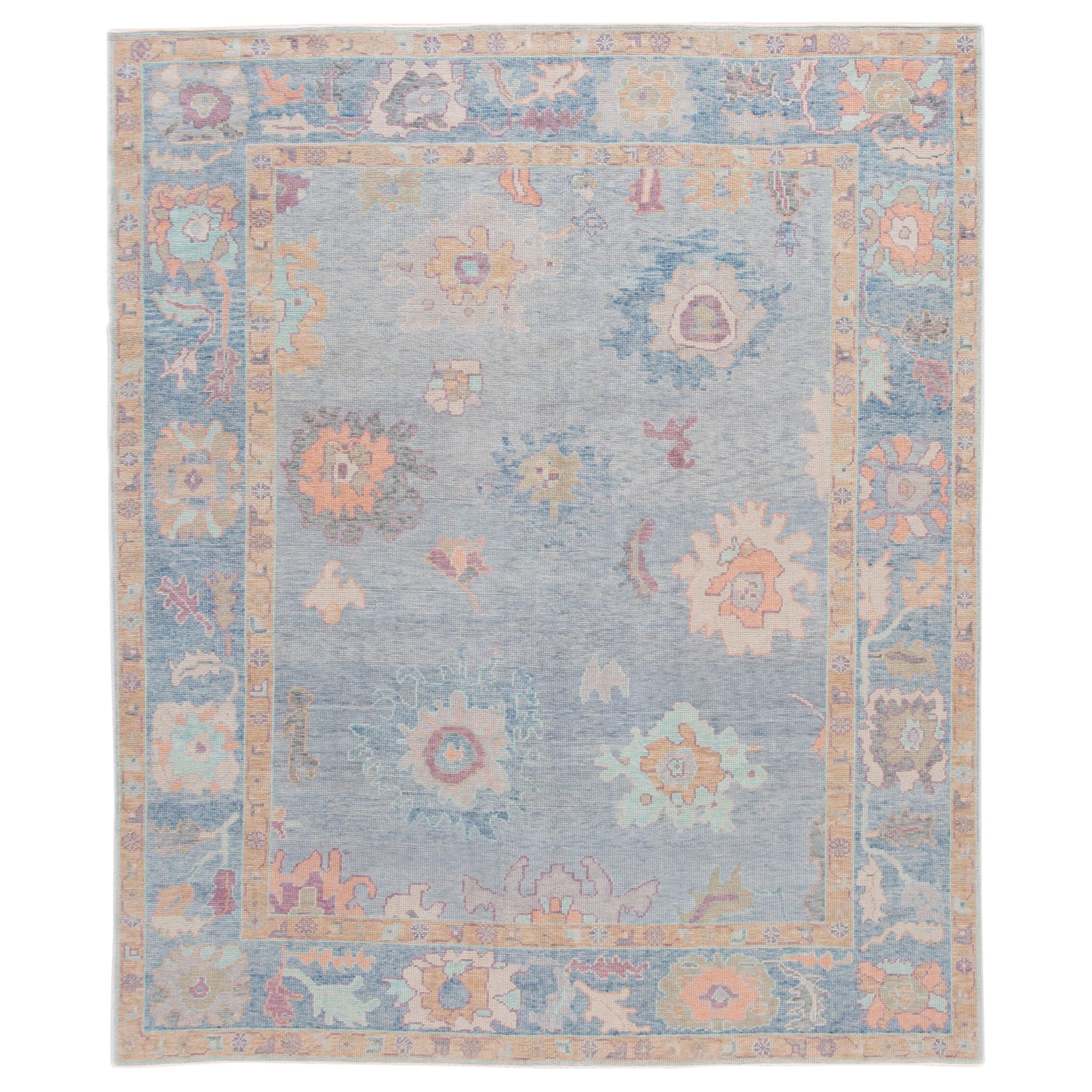 Blue and Ivory Contemporary Handmade Wool Turkish Oushak Rug For Sale at 1stDibs