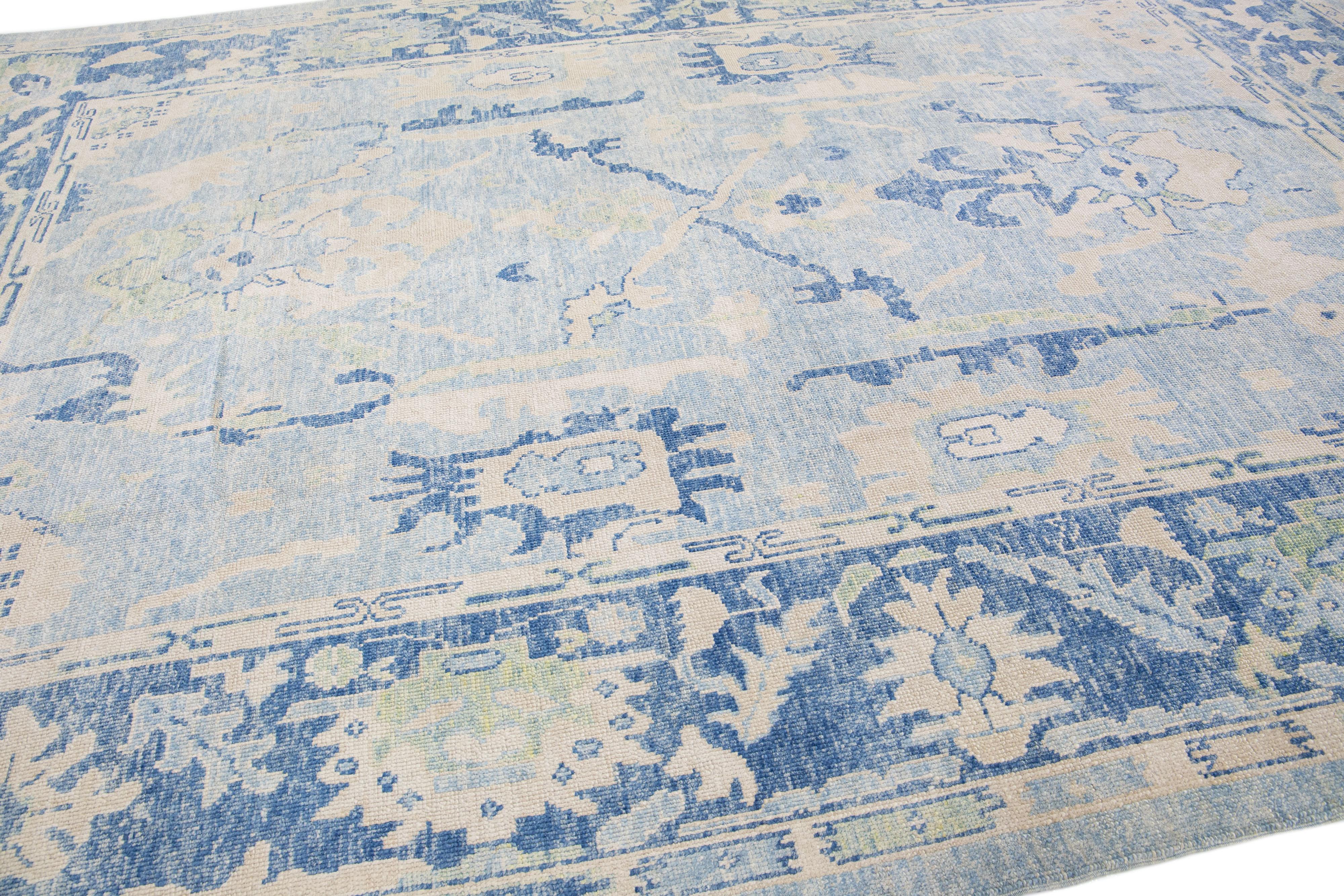 Modern Turkish Oushak Light Blue Handmade Wool Rug with Floral Pattern In New Condition For Sale In Norwalk, CT