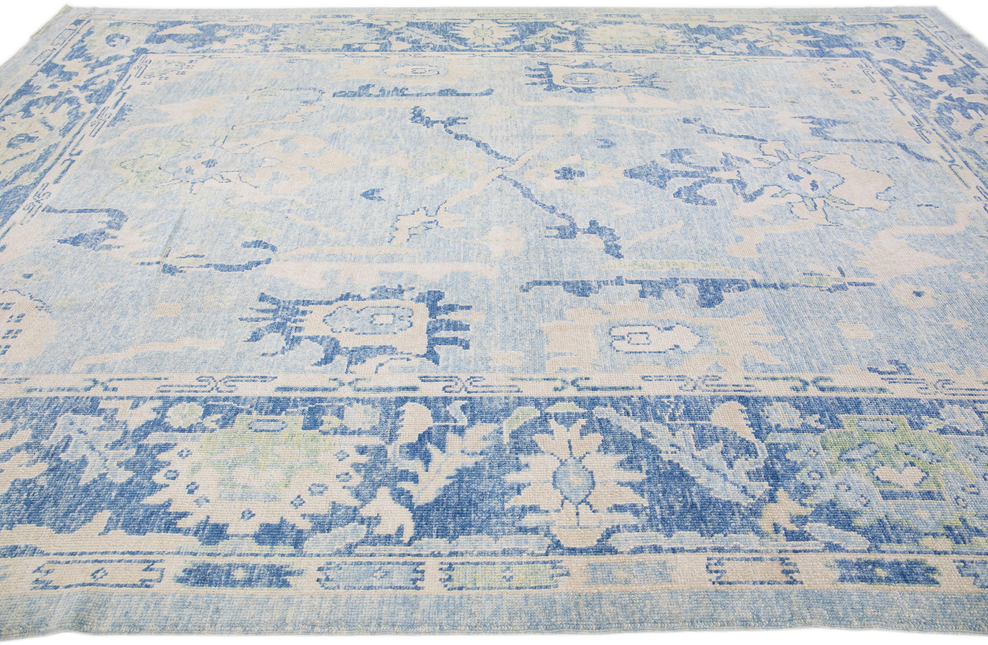 Contemporary Modern Turkish Oushak Light Blue Handmade Wool Rug with Floral Pattern For Sale