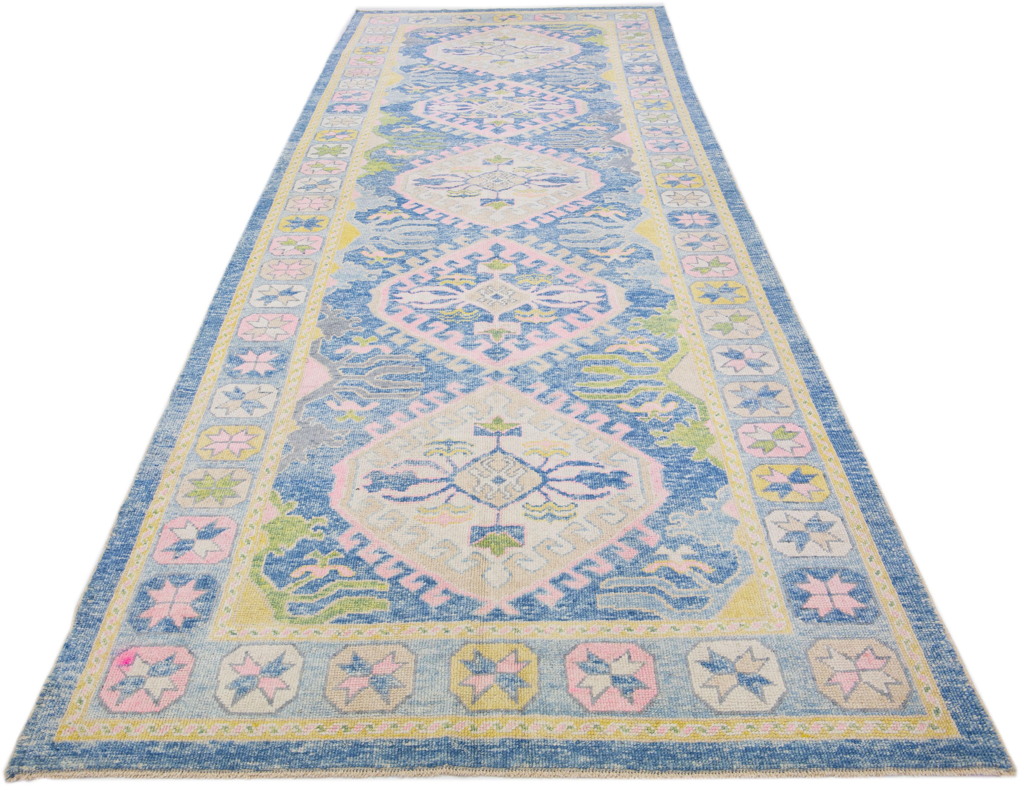 Hand-Knotted Modern Turkish Oushak Multicolor Handmade Wool Runner with Tribal Design  For Sale