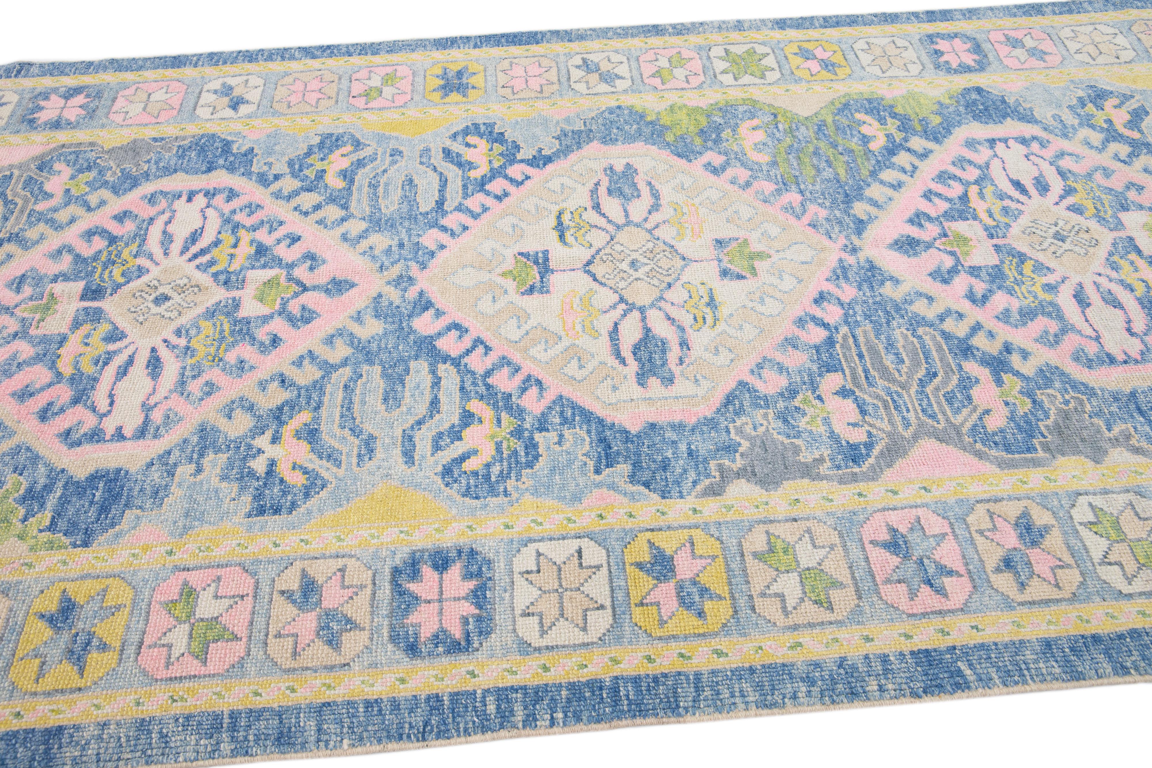 Contemporary Modern Turkish Oushak Multicolor Handmade Wool Runner with Tribal Design  For Sale