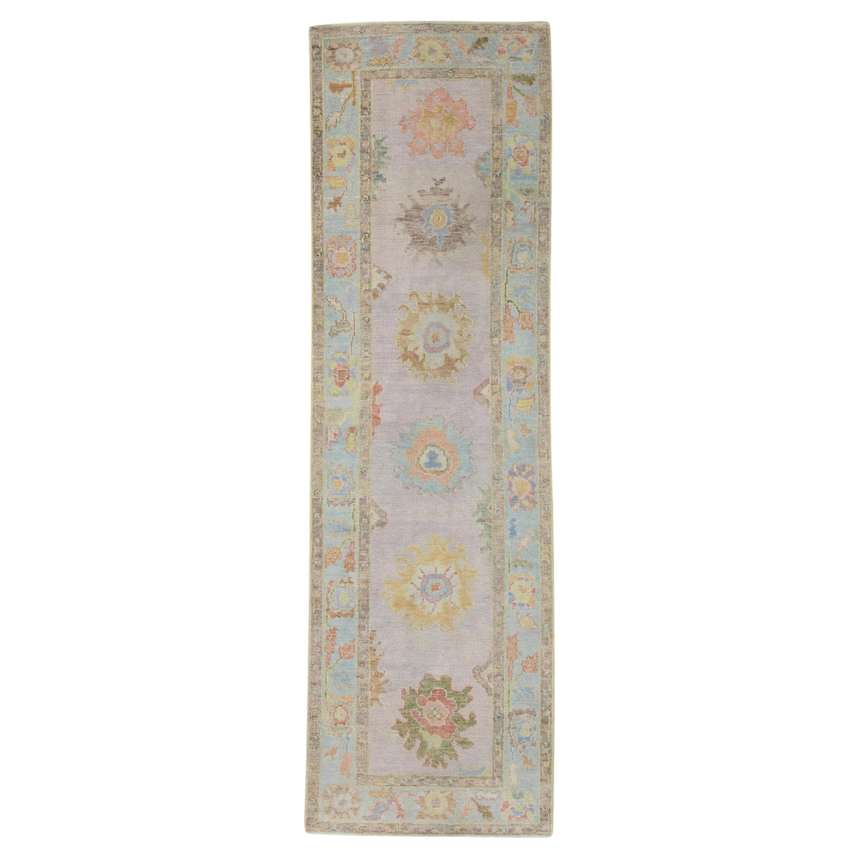 Green and Blue Floral Design Handwoven Wool Turkish Oushak Runner For ...