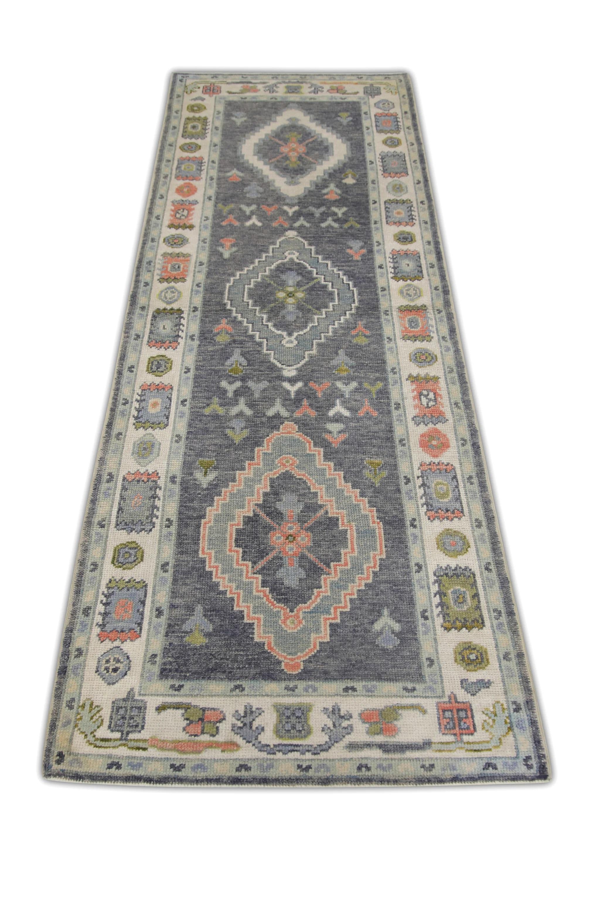 Contemporary Purple Colorful Medallion Design Handwoven Wool Turkish Oushak Runner 2'11 x 8'1 For Sale