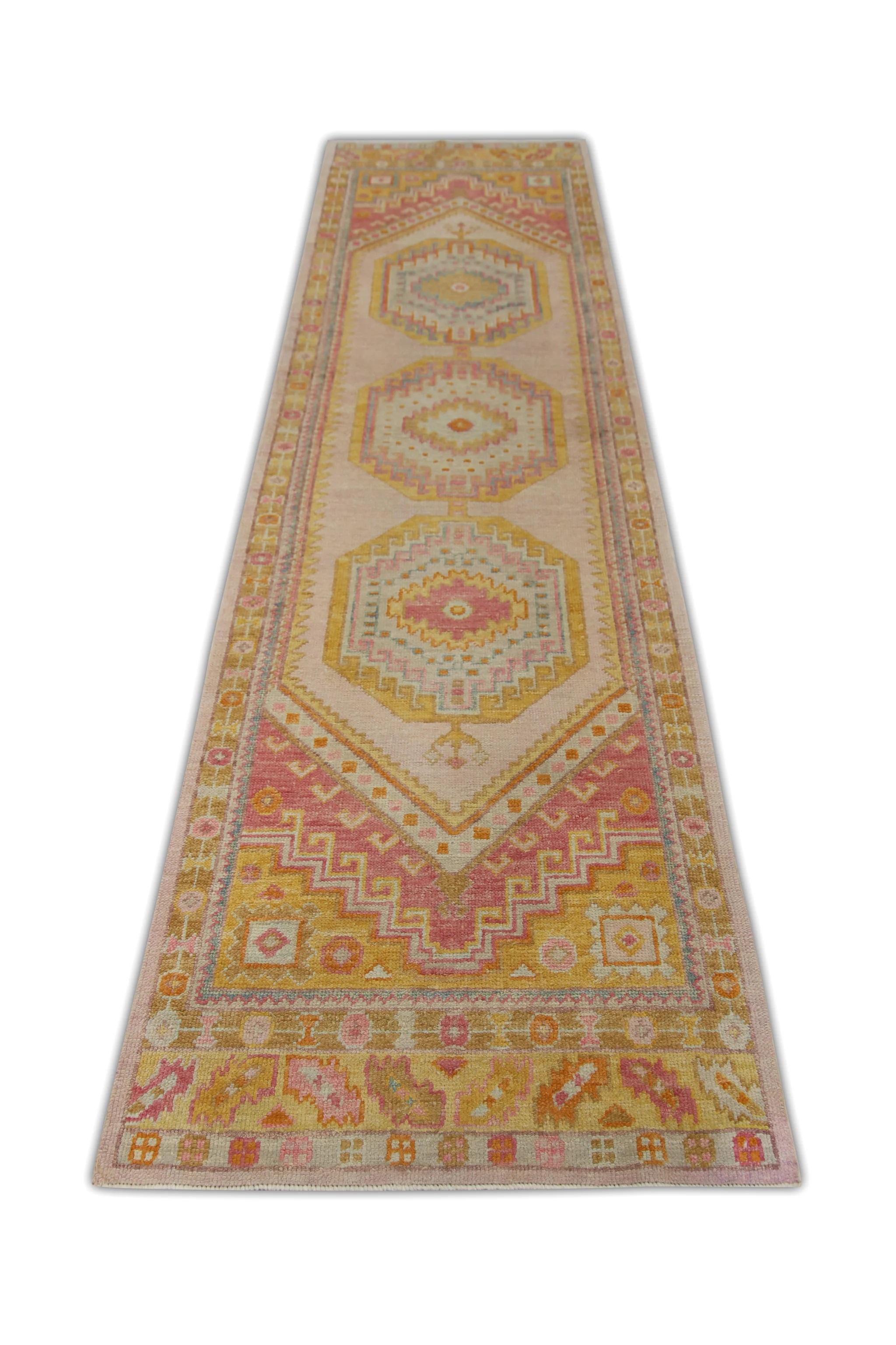 This modern Turkish Oushak rug is a stunning piece of art that has been handwoven using traditional techniques by skilled artisans. The rug features intricate patterns and a soft color palette that is achieved through the use of natural vegetable