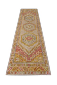 Pink & Yellow Handwoven Wool Turkish Oushak Runner in Medallion Design 3' X 11'2