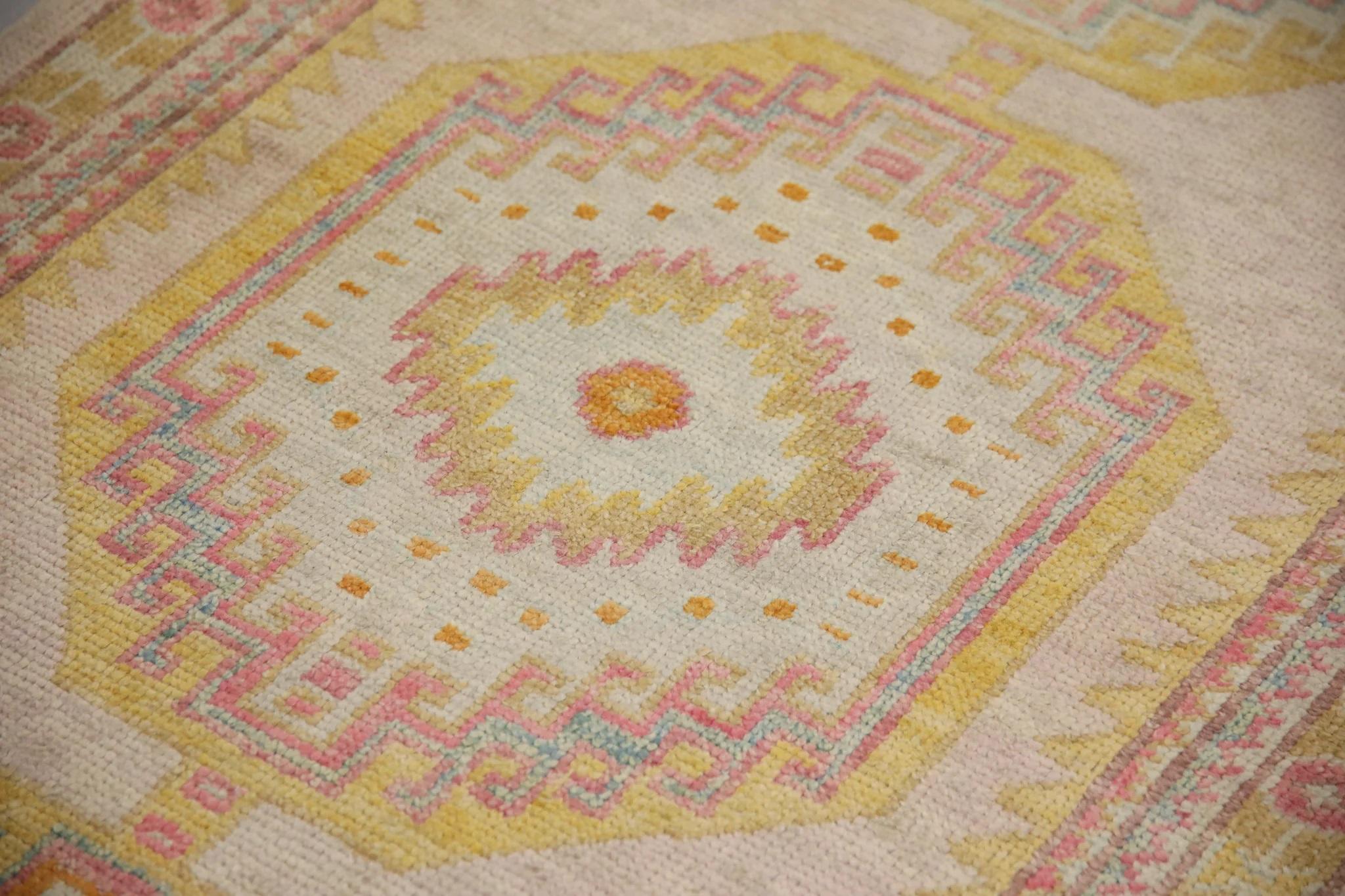 Modern Pink & Yellow Handwoven Wool Turkish Oushak Runner in Medallion Design 3' X 11'2 For Sale