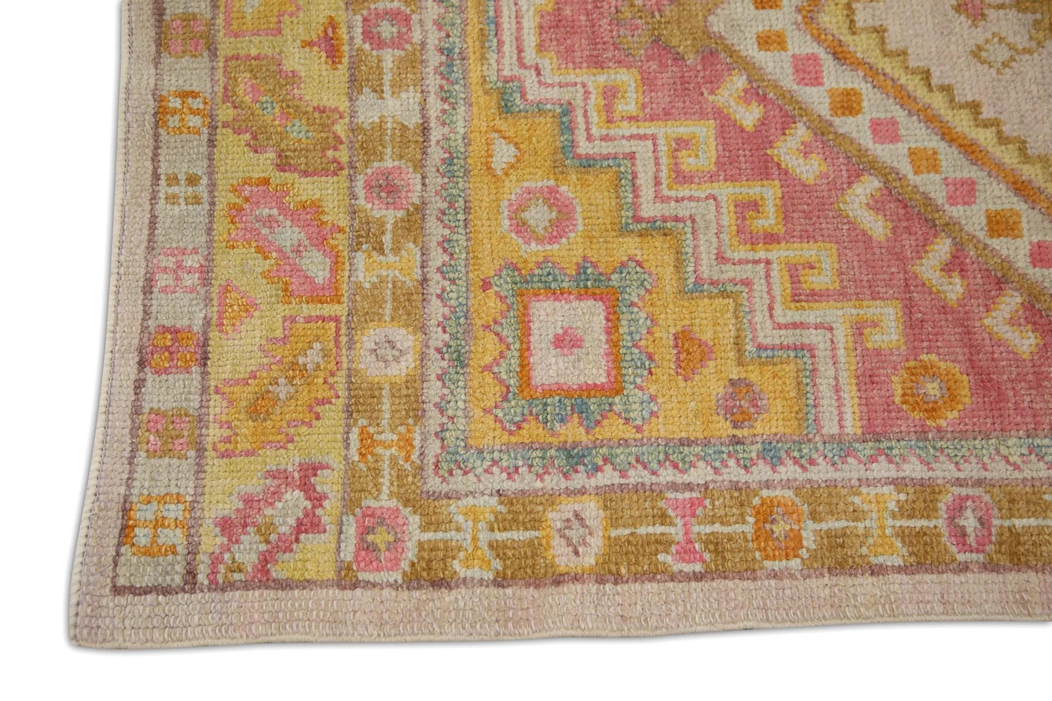 Vegetable Dyed Pink & Yellow Handwoven Wool Turkish Oushak Runner in Medallion Design 3' X 11'2 For Sale