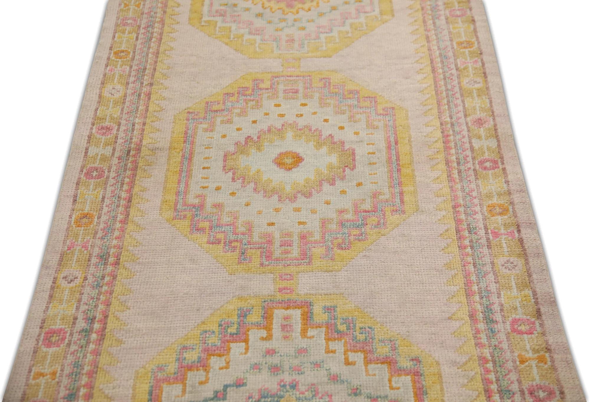 Pink & Yellow Handwoven Wool Turkish Oushak Runner in Medallion Design 3' X 11'2 In New Condition For Sale In Houston, TX