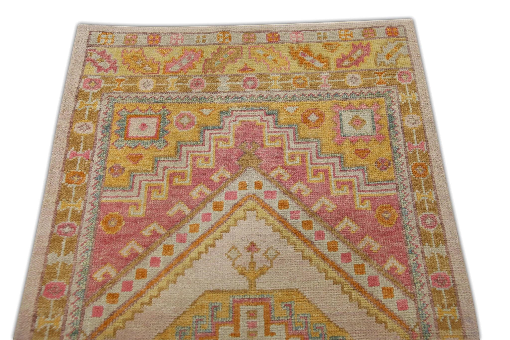 Contemporary Pink & Yellow Handwoven Wool Turkish Oushak Runner in Medallion Design 3' X 11'2 For Sale