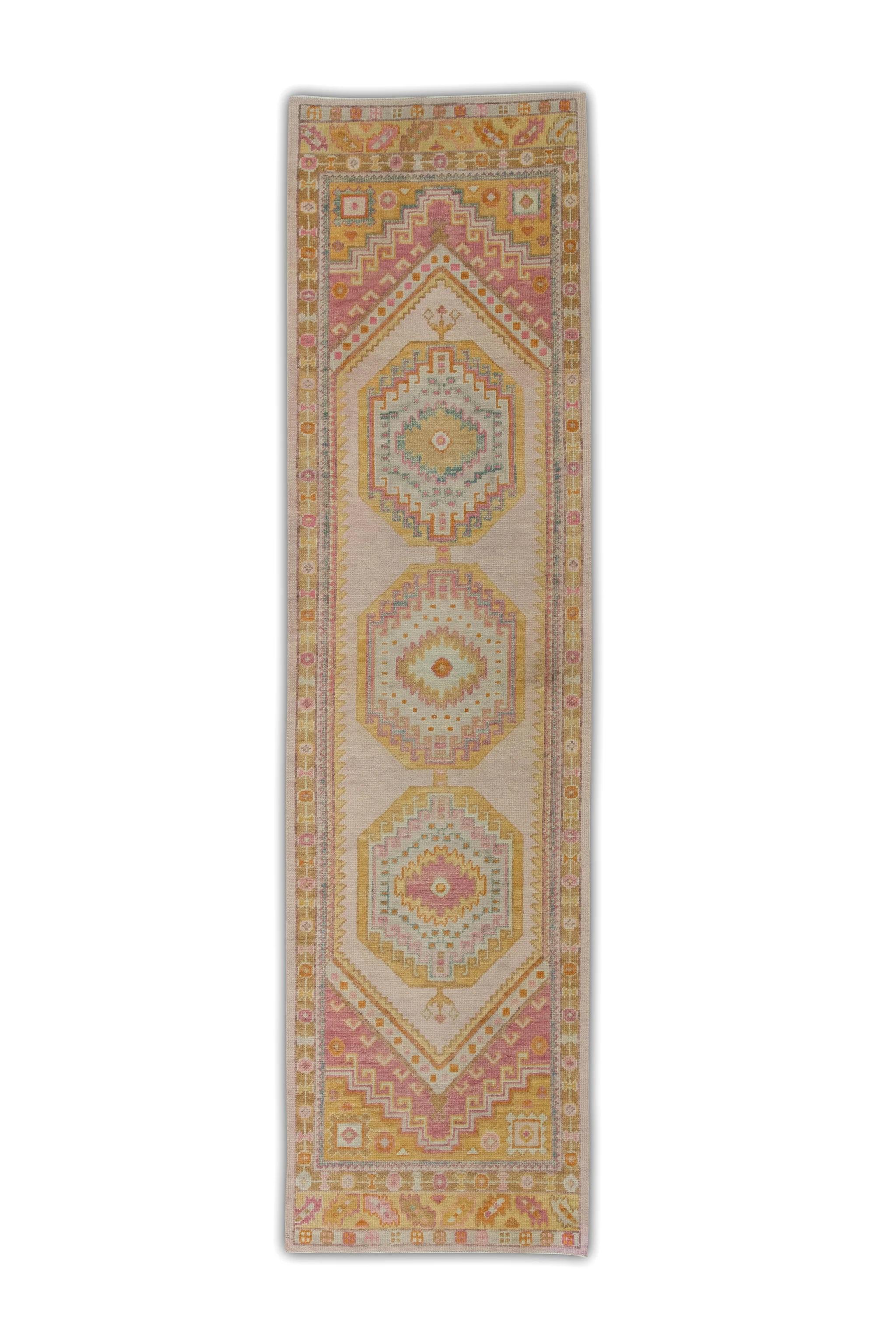 Pink & Yellow Handwoven Wool Turkish Oushak Runner in Medallion Design 3' X 11'2 For Sale 1