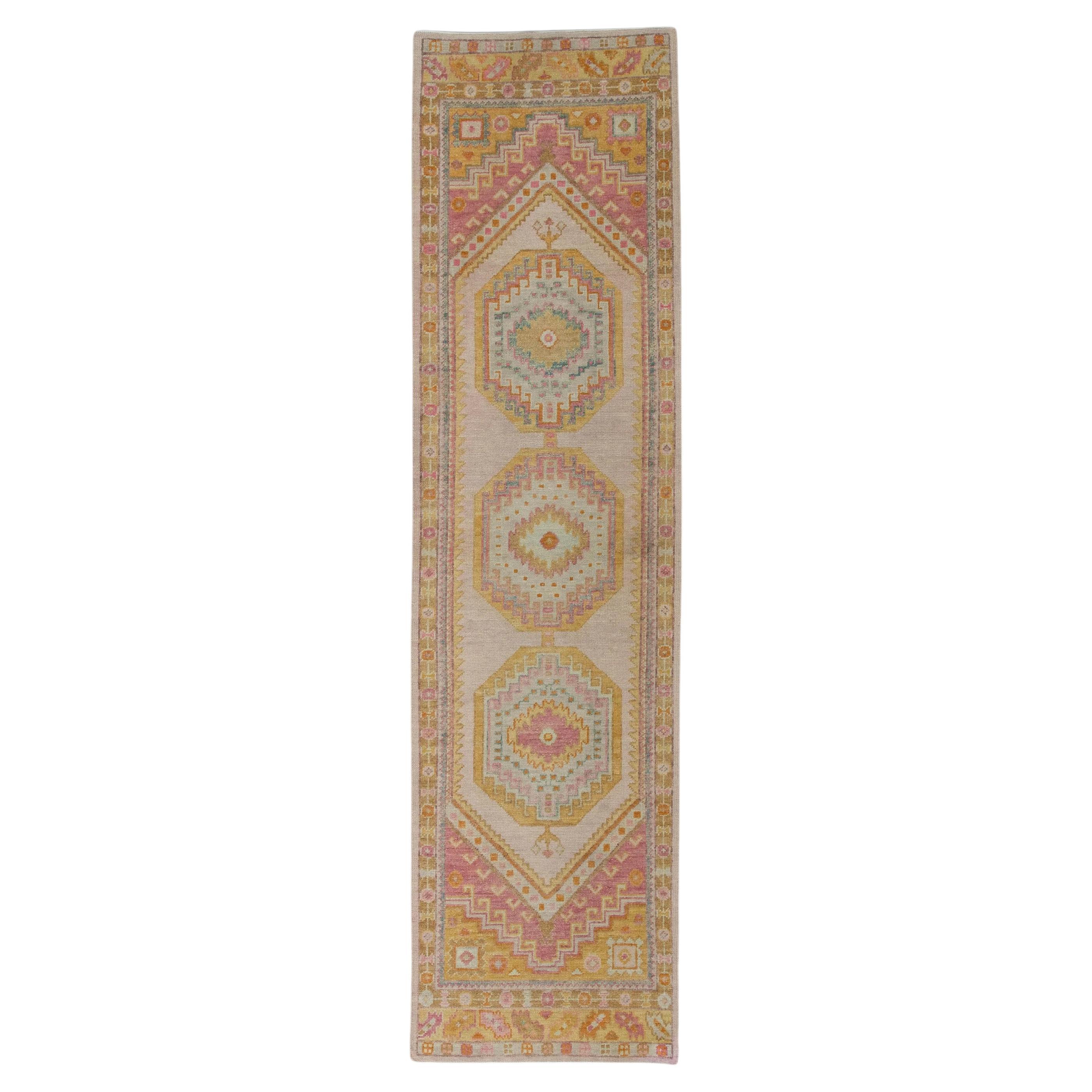 Pink & Yellow Handwoven Wool Turkish Oushak Runner in Medallion Design 3' X 11'2 For Sale