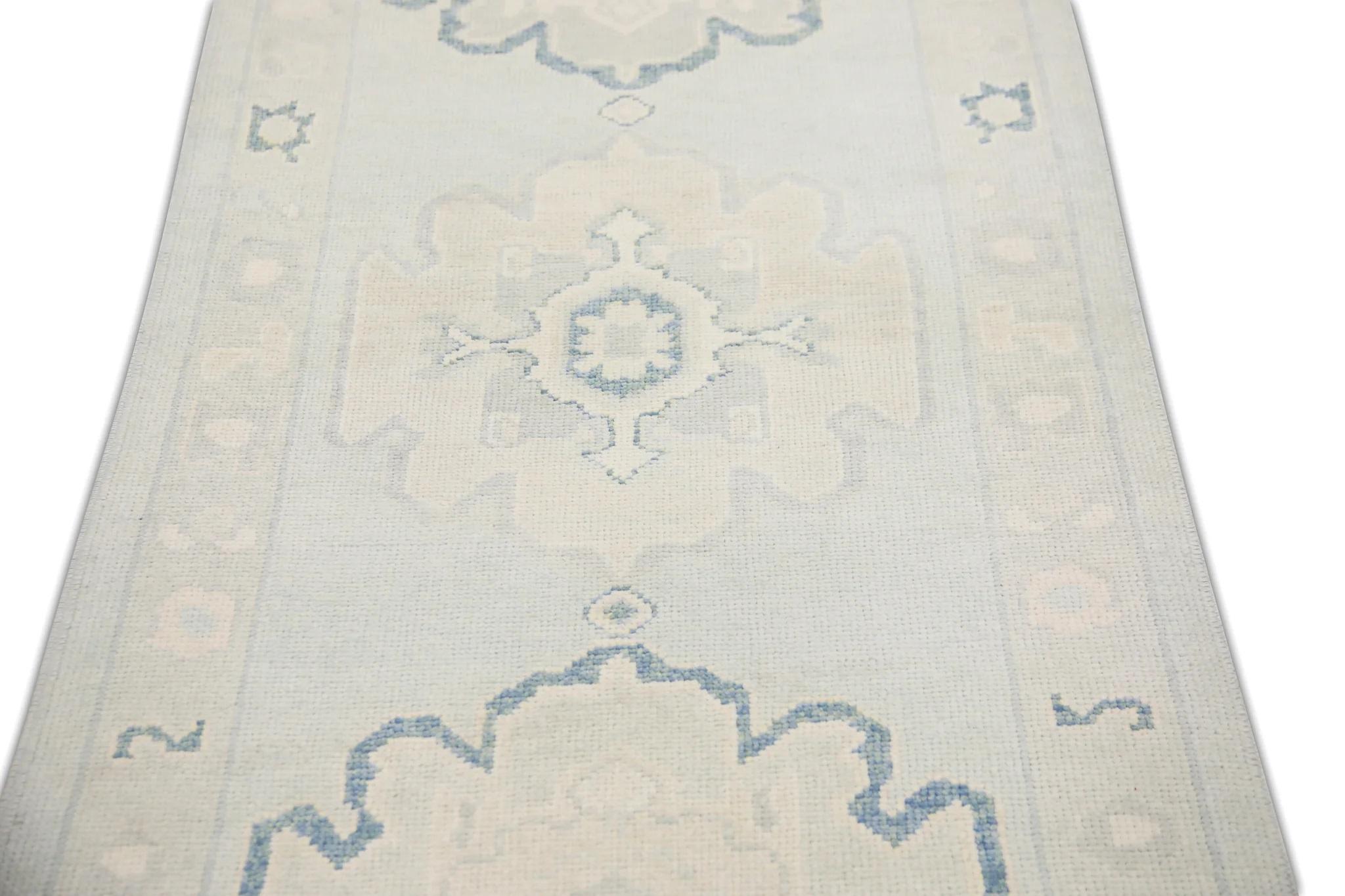 Modern Blue and Green Floral Design Handwoven Wool Turkish Oushak Runner 3' X 12' For Sale