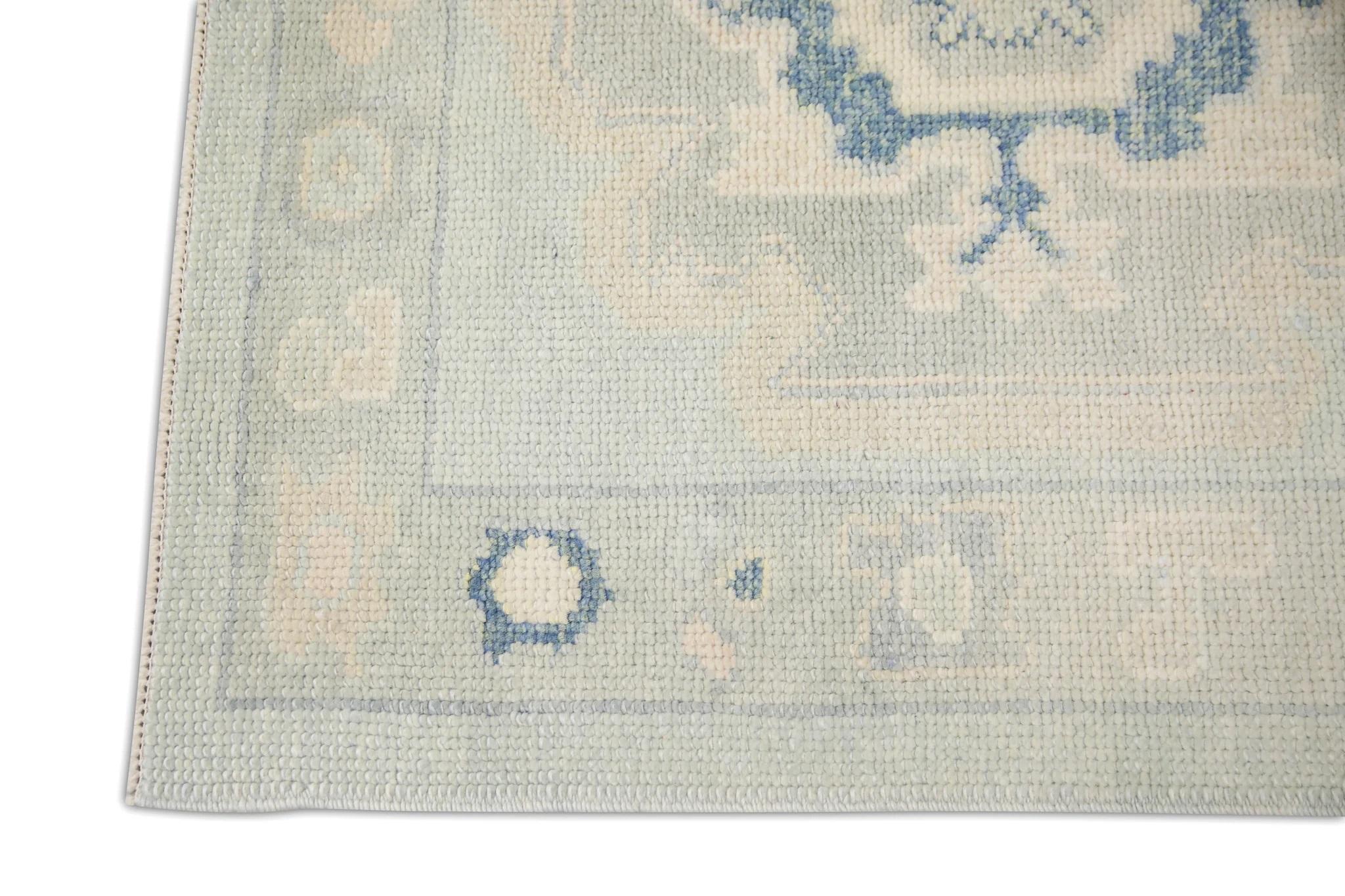 Vegetable Dyed Blue and Green Floral Design Handwoven Wool Turkish Oushak Runner 3' X 12' For Sale