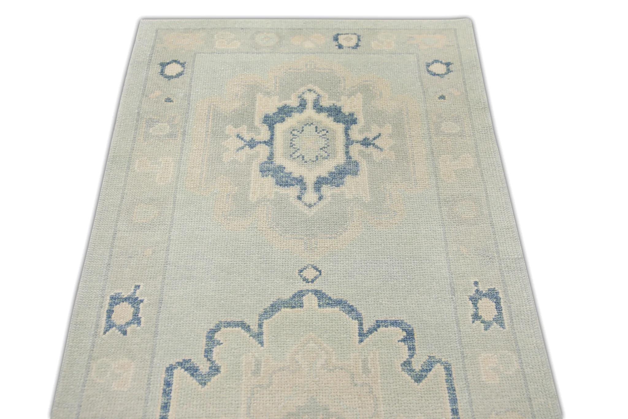 Blue and Green Floral Design Handwoven Wool Turkish Oushak Runner 3' X 12' In New Condition For Sale In Houston, TX